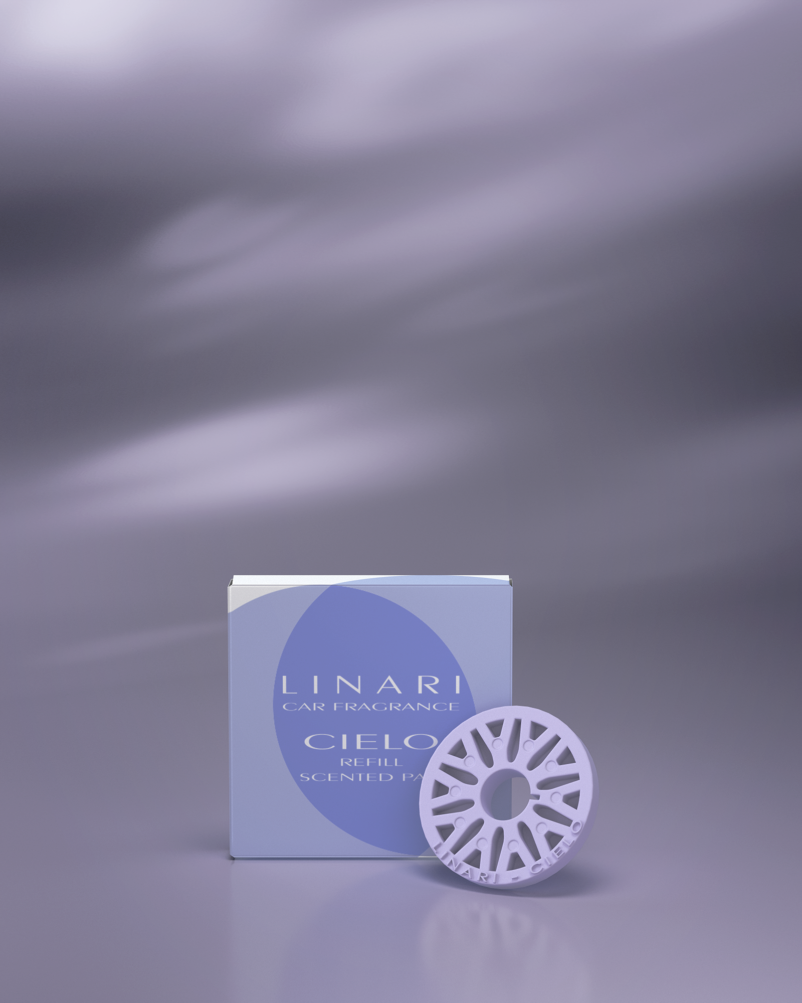 Himmelblaues LINARI CIELO Autoduft-Refill mit rundem Duftpad und eleganter Verpackung