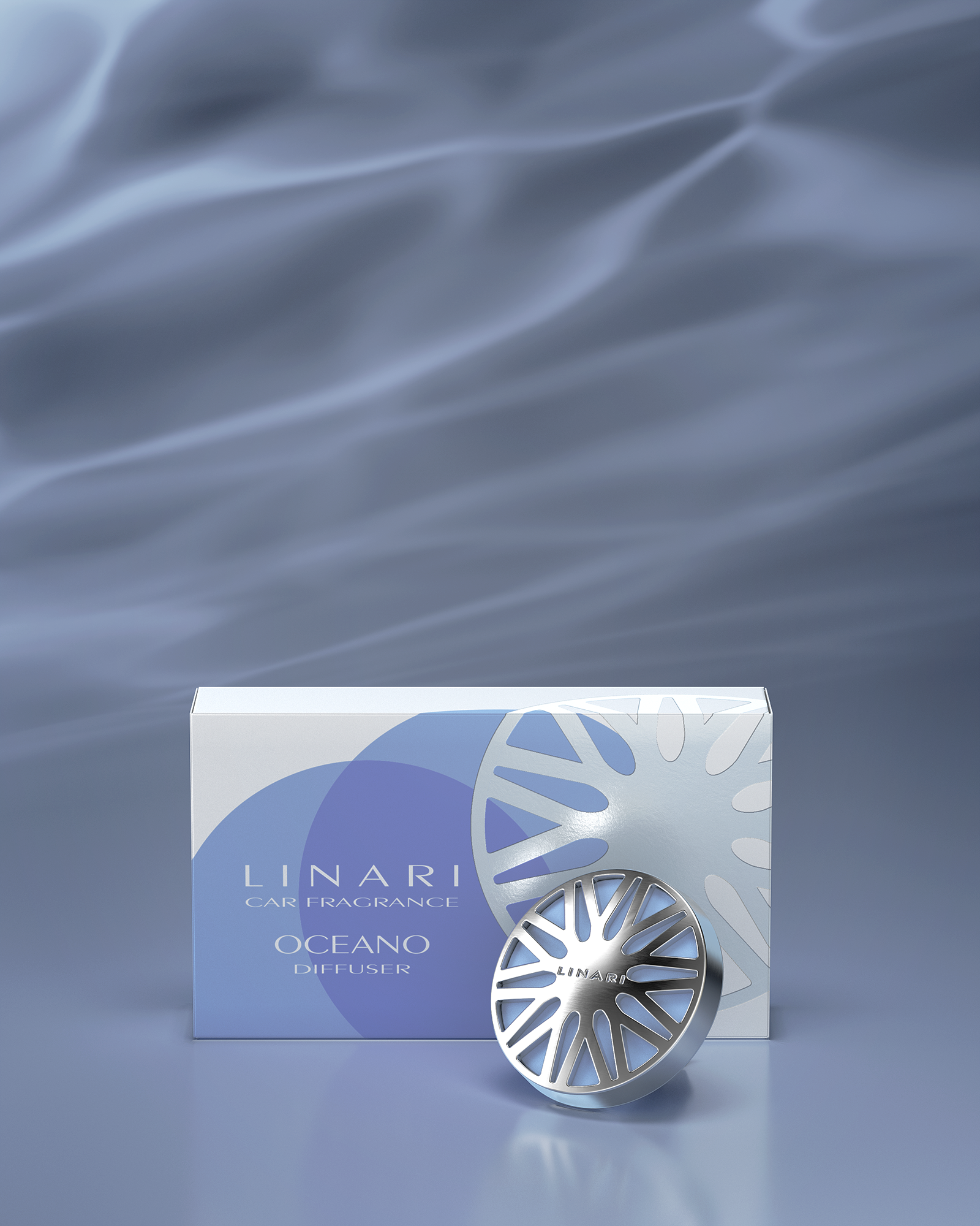 LINARI OCEANO Autoduft-Diffusor mit silberglänzendem Metallcover und ozeanblauem Duftpad