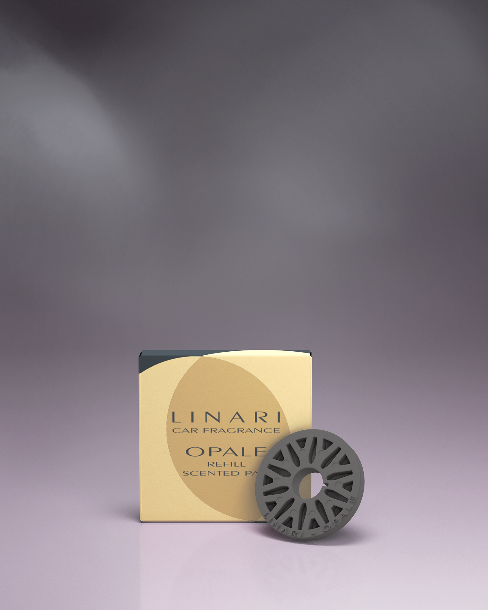 LINARI OPALE Autoduft-Refill als schwarzmatte Duftpad-Scheibe – elegant und sinnlich im goldenen Etui.