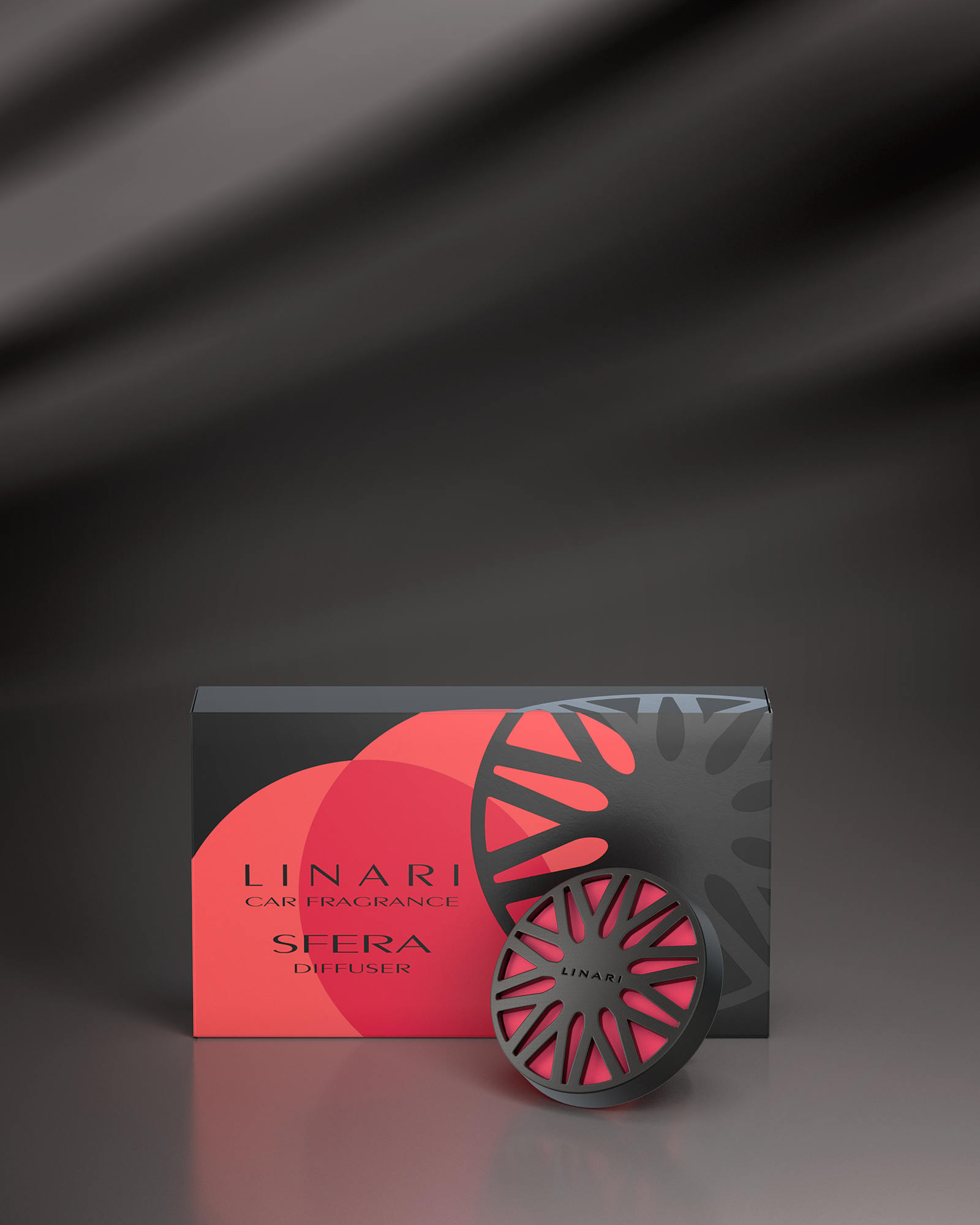 LINARI SFERA Autoduft-Diffusor mit mattschwarzem Metallcover und rubinrotem Duftpad im sternförmigen Design