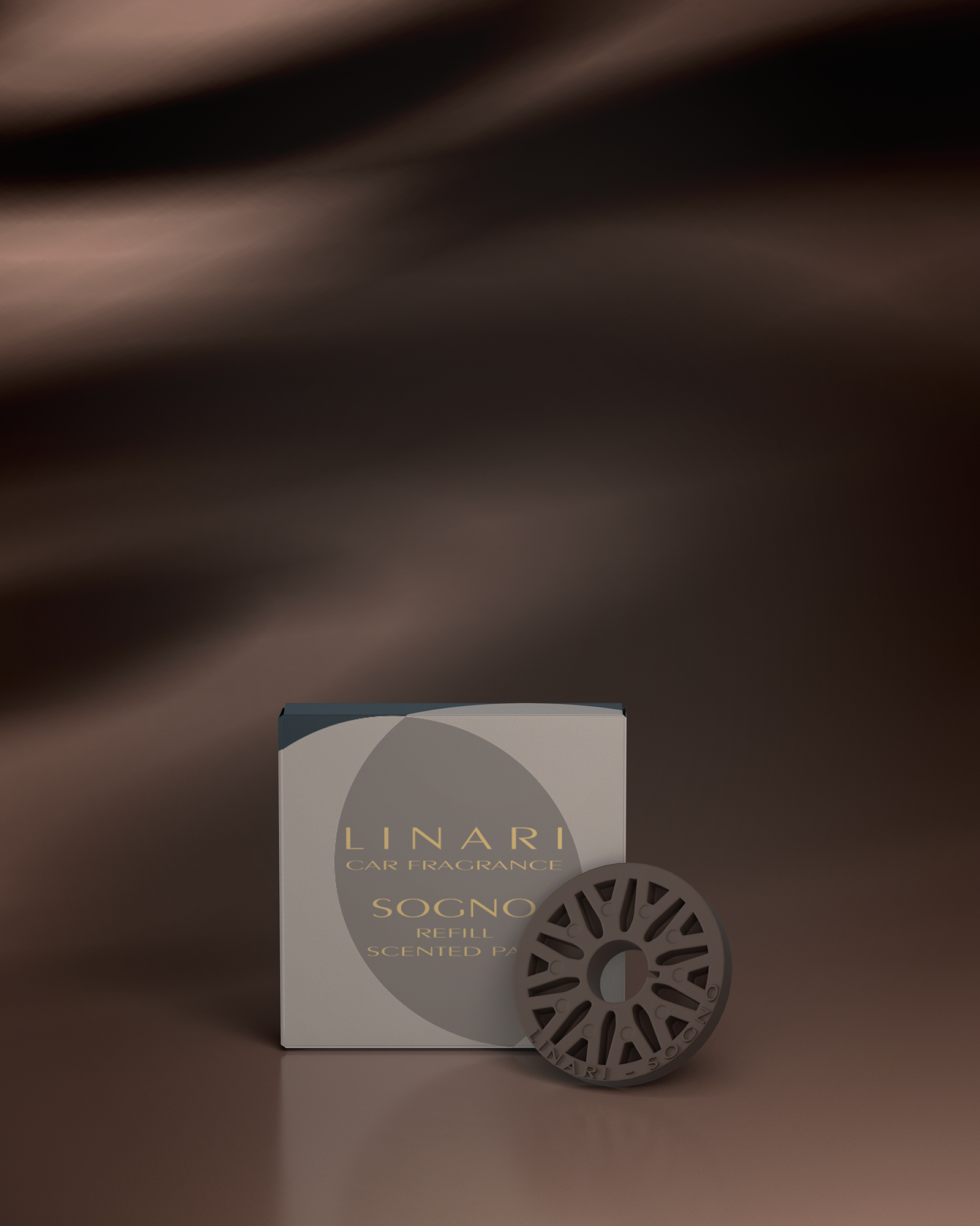 LINARI SOGNO Autoduft-Refill mit schwarzbraunem Duftpad – würzig, balsamisch und sanft verführerisch.