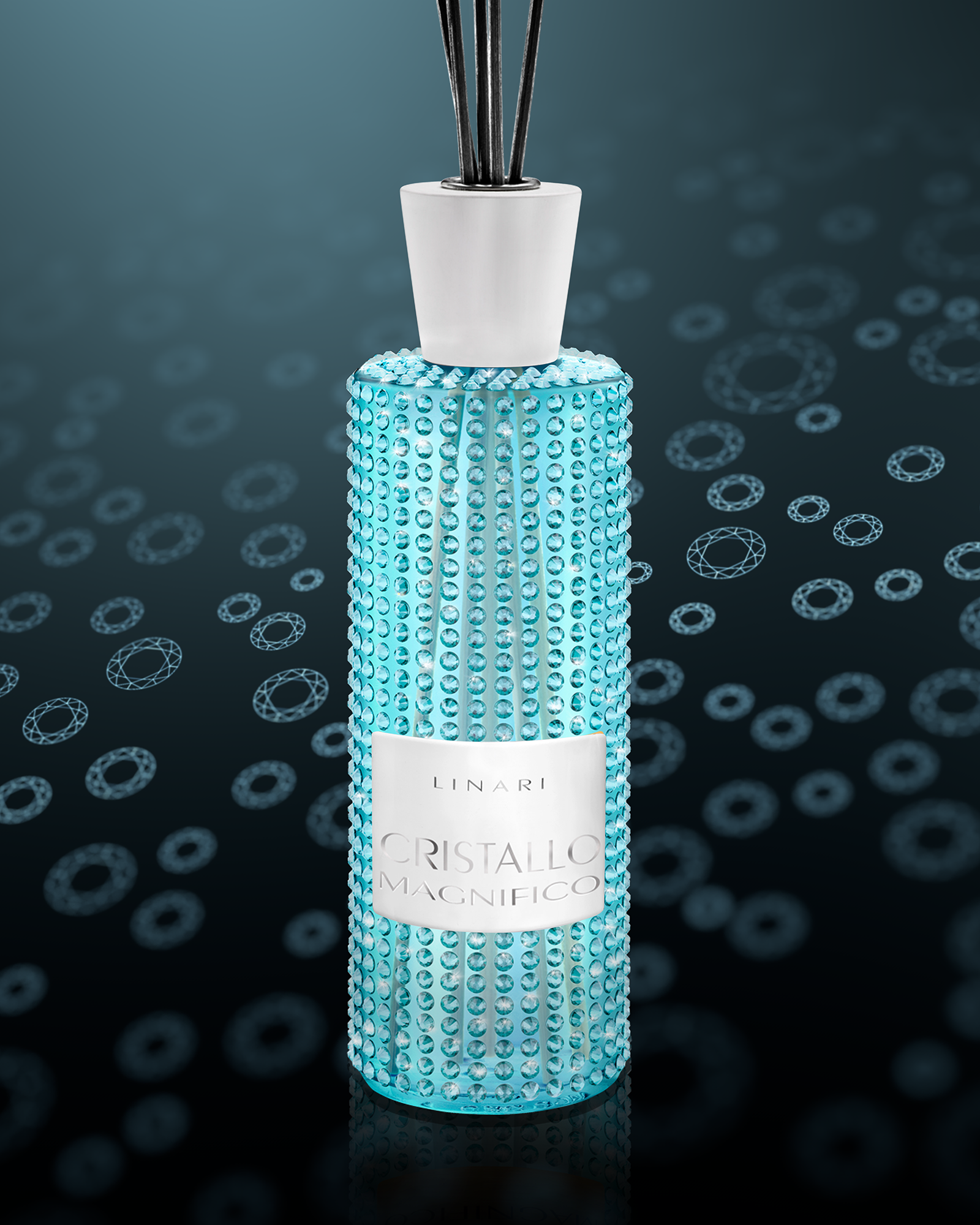LINARI CRISTALLO-MAGNIFICO Raumduft-Diffusor aus Glas mit aquamarinfarbenen SWAROVSKI-Kristallen und weißem Urea-Deckel