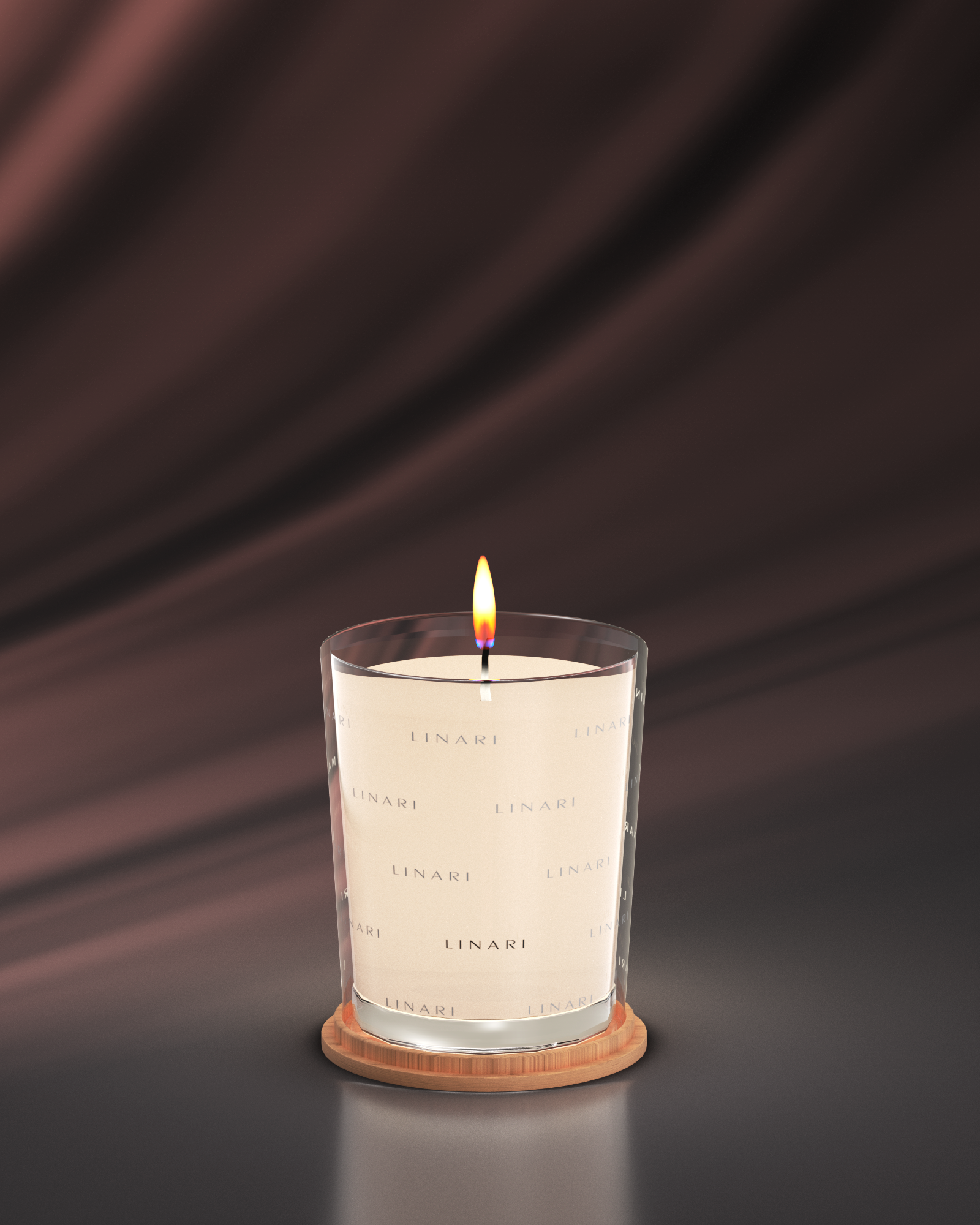 LINARI AVORIO Duftkerze im französischen Transparentglas mit Ahornholz-Deckel, warm leuchtende Flamme