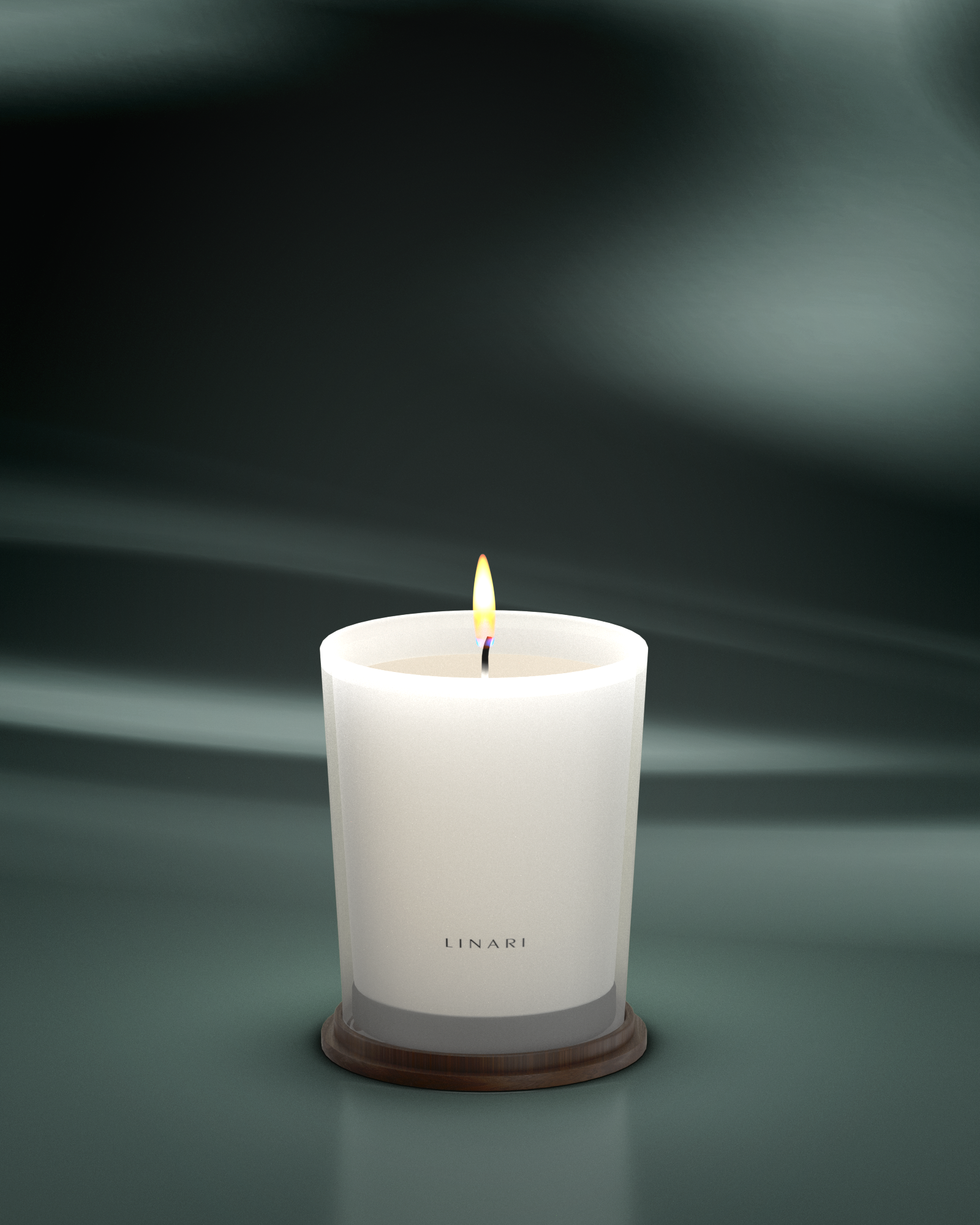 LINARI CALLA Duftkerze aus satiniertem französischem Glas mit Wengeholz-Untersetzer, warm leuchtend