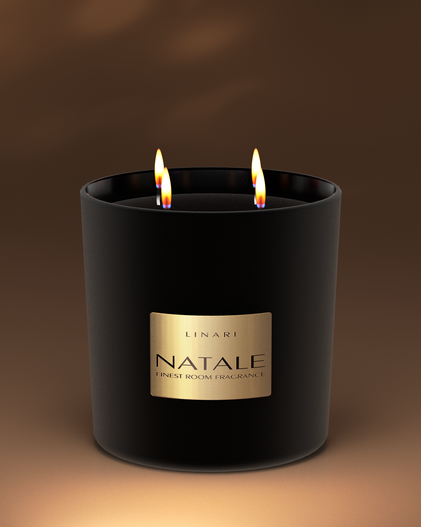 LINARI NATALE Weihnachts-Duftkerze aus schwarzem Glas mit dunkelbraunem Samt, goldfarbenem Etikett und vier Flammen