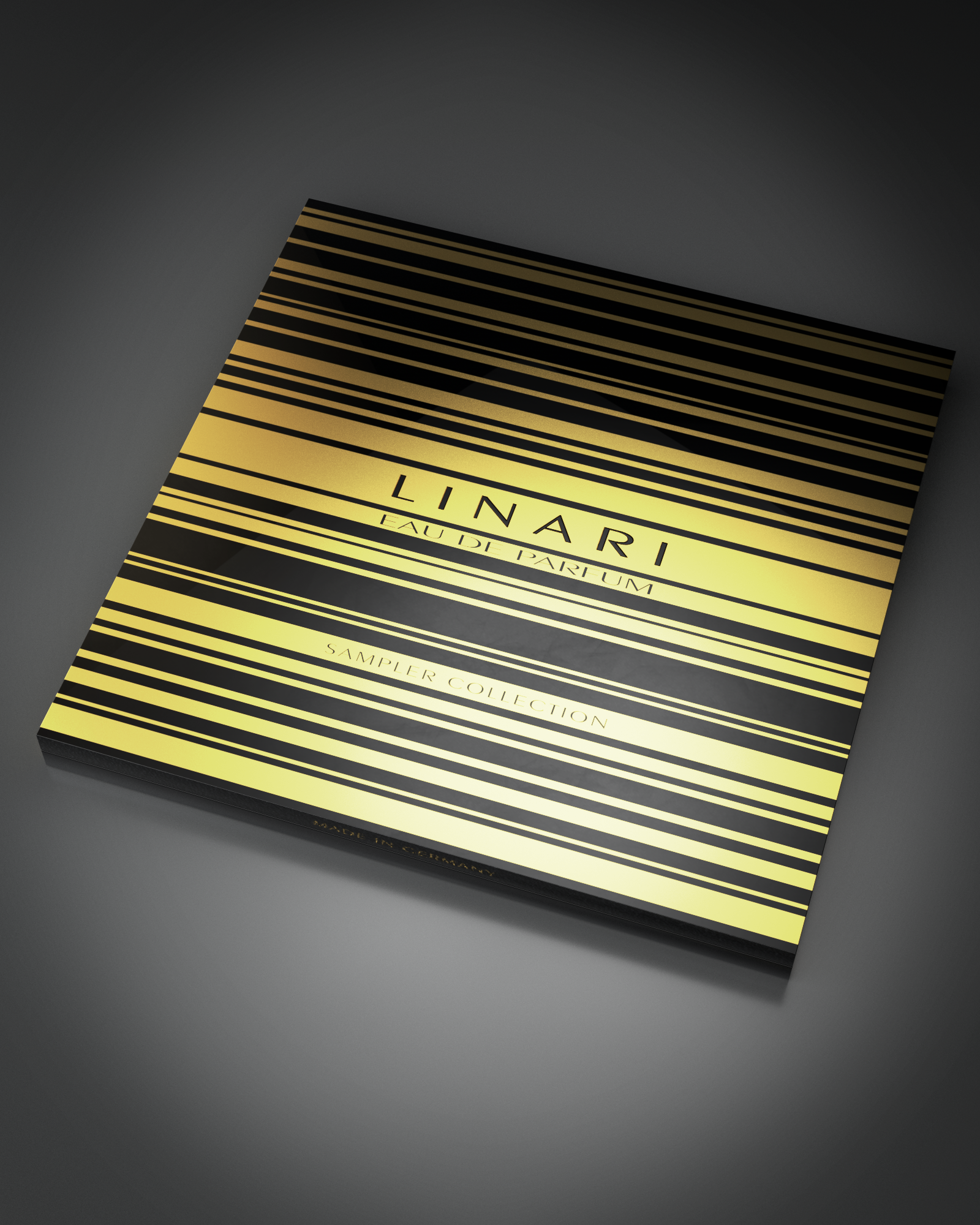 LINARI Eau de Parfum Duftmusterkollektion im schwarz-gold gestreiften Metallkasten