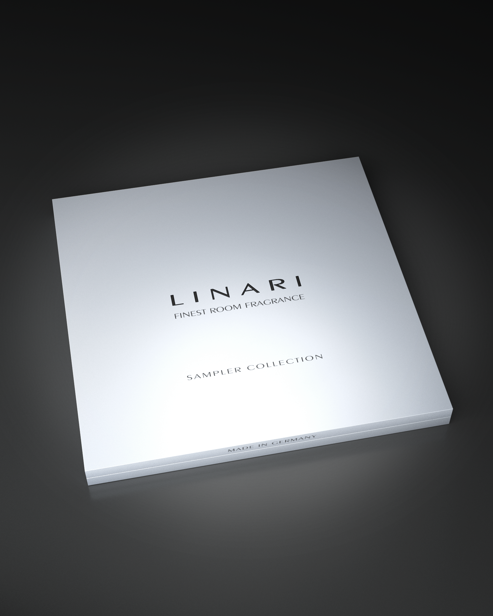 LINARI Raumparfum-Sampler Collection in weißglänzendem Metallkasten mit geprägtem Logo und 2-ml-Glasphiolen