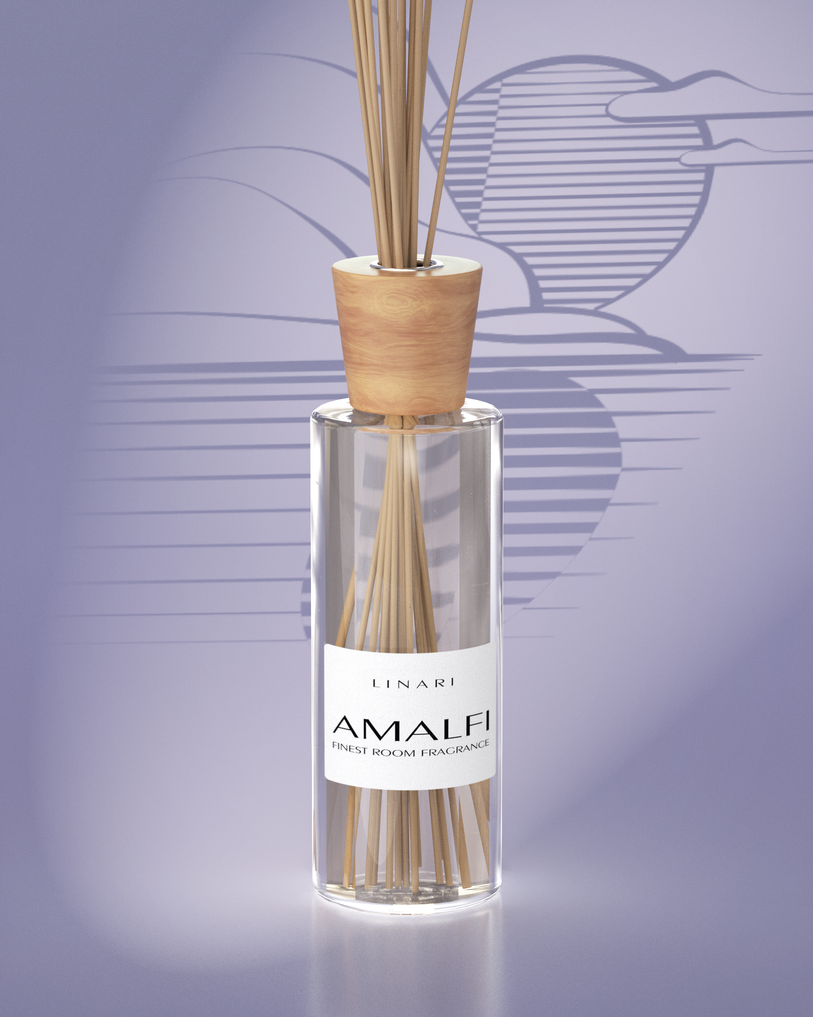 LINARI AMALFI Raumduft-Diffusor aus klarem Glas, mit warmem Ahornholz-Deckel und naturfarbenen Kapillarstäbchen.