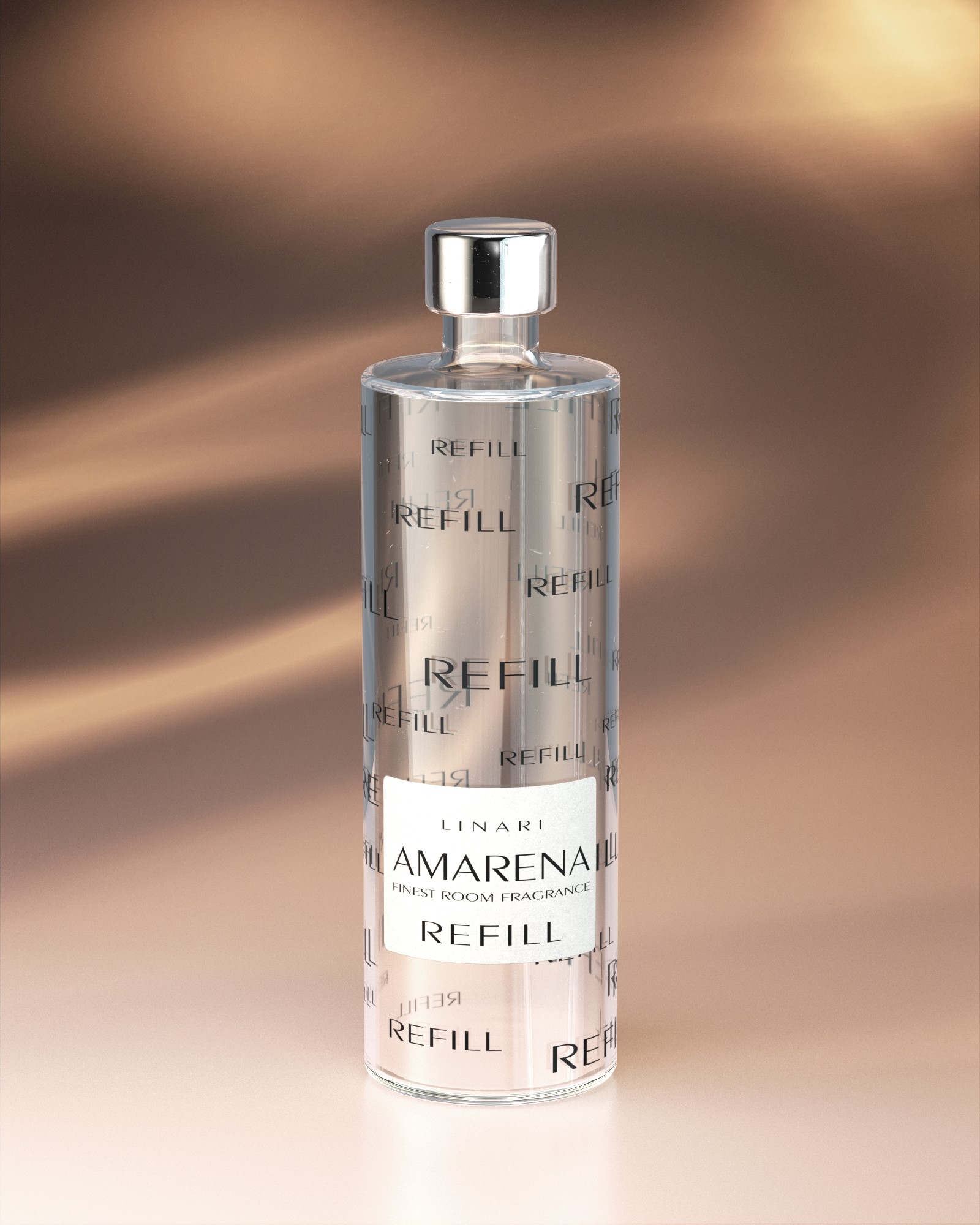 LINARI AMARENA Raumduft-Diffusor-Refill in transparenter Glasflasche mit silberfarbenem Deckel – klar und elegant
