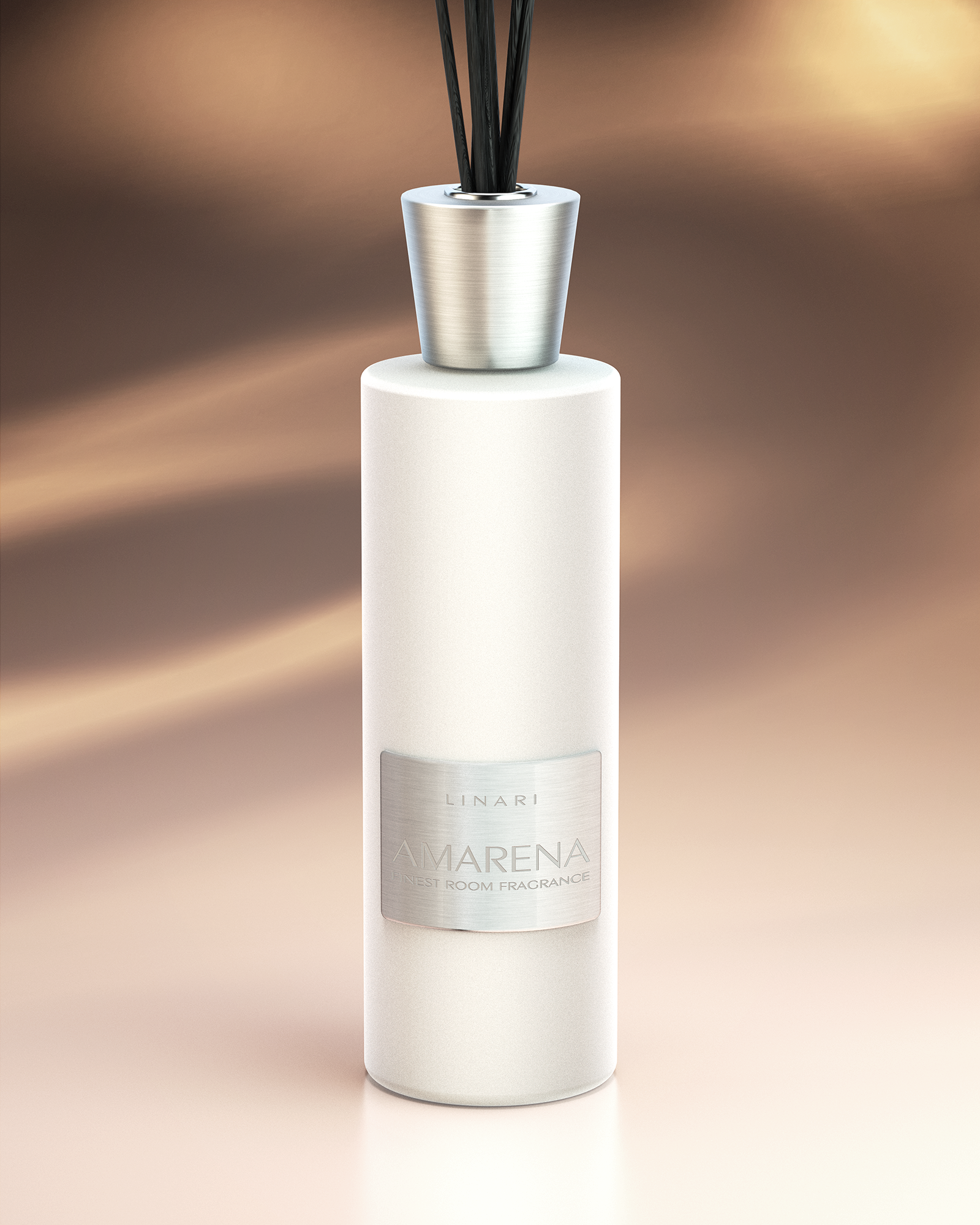 LINARI AMARENA room fragrance diffuser in a snow-white velvet bottle made of Italian glass, with brushed aluminum and black reeds