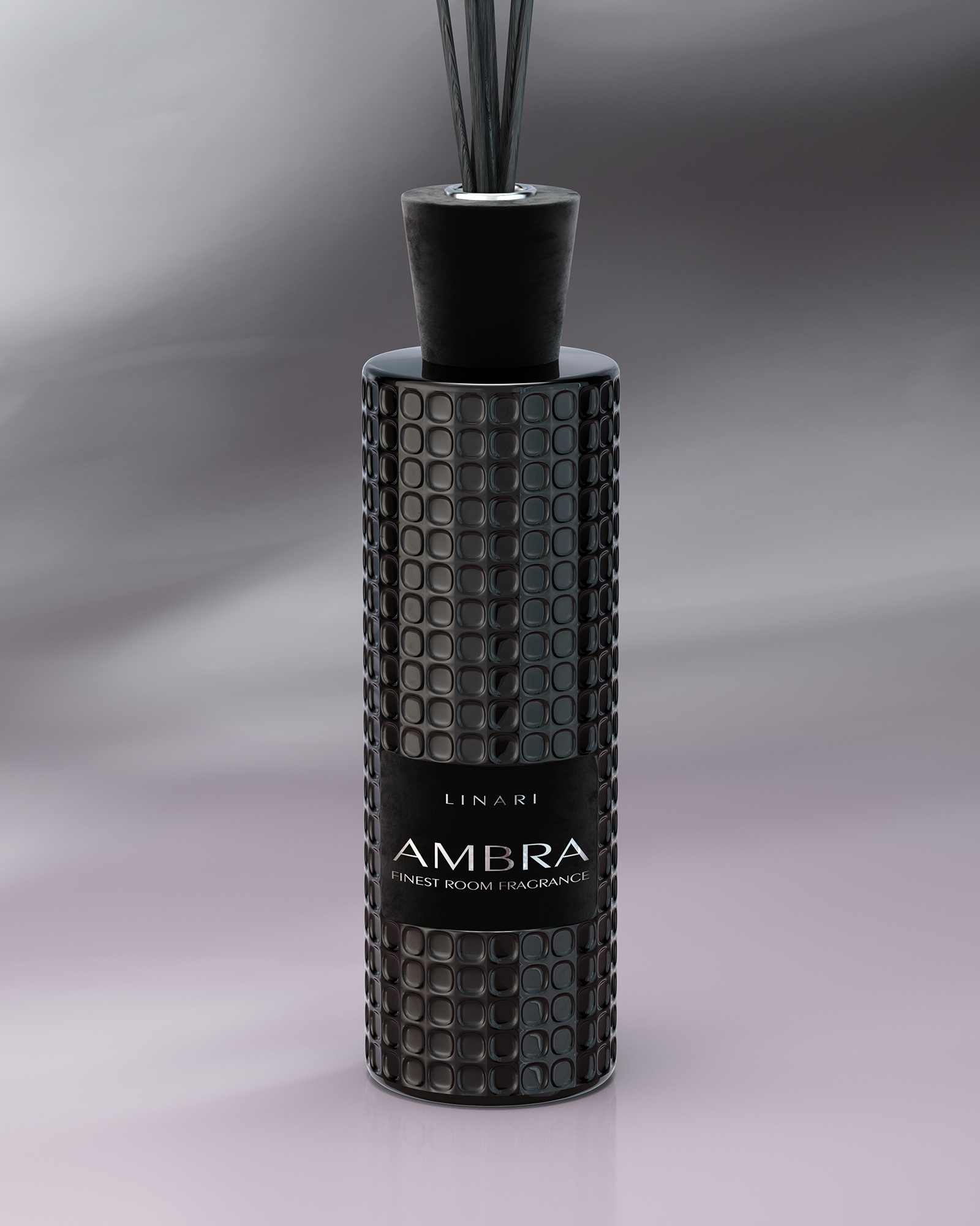 LINARI AMBRA room fragrance diffuser made of textured glass with black velvet lid and black capillary reeds