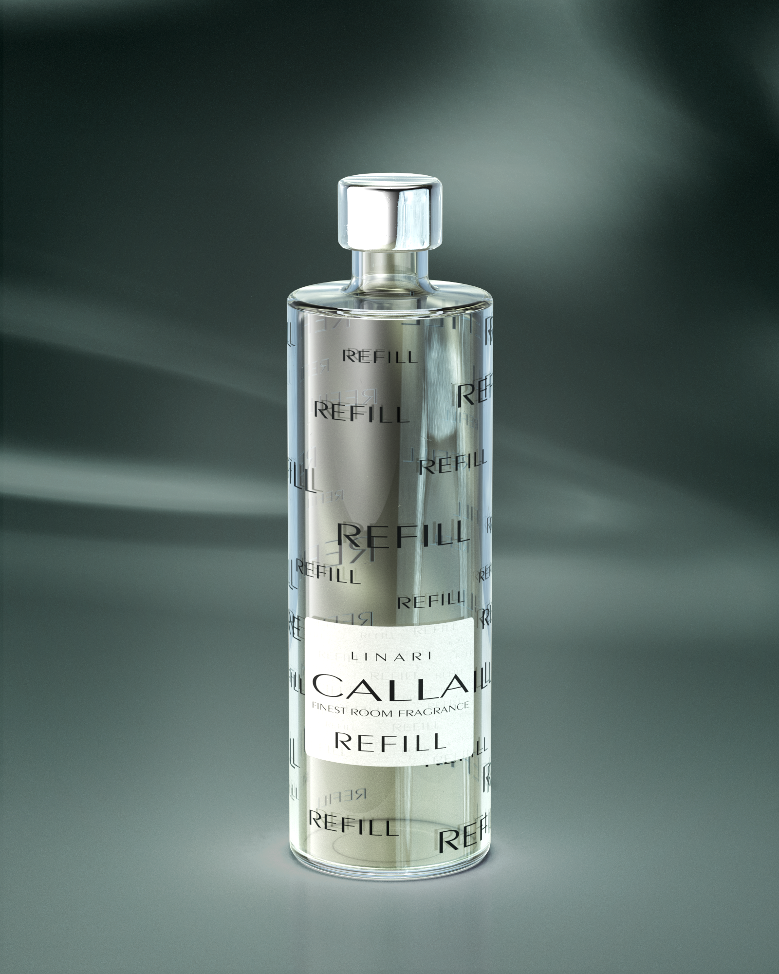 LINARI CALLA Raumduft-Diffusor-Refill in transparenter Glasflasche mit silberfarbenem Schraubdeckel