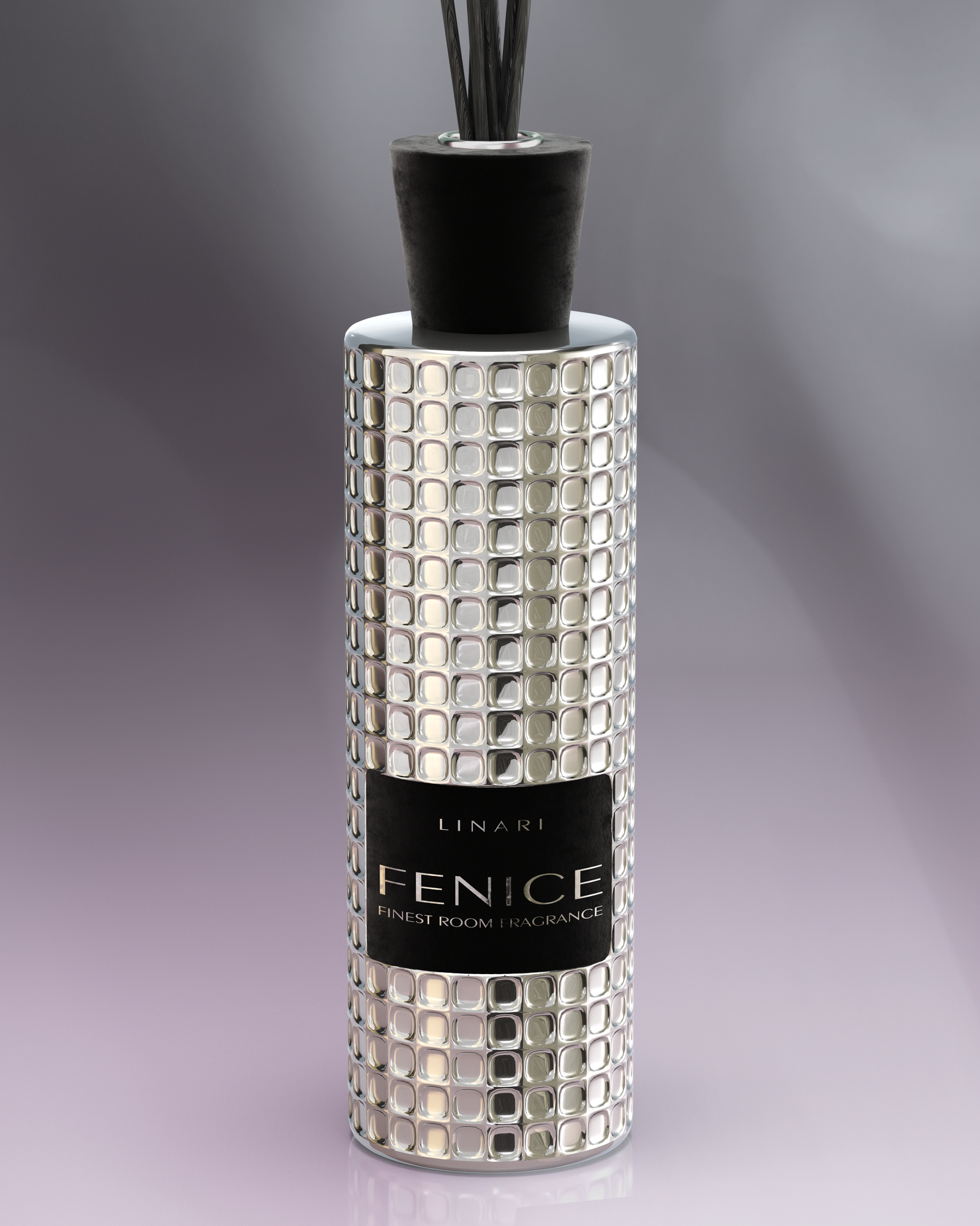 LINARI FENICE Raumduft-Diffusor aus facettiertem Glas, mit schwarzem Samtdeckel, Samtetikett und Kapillarstäbchen