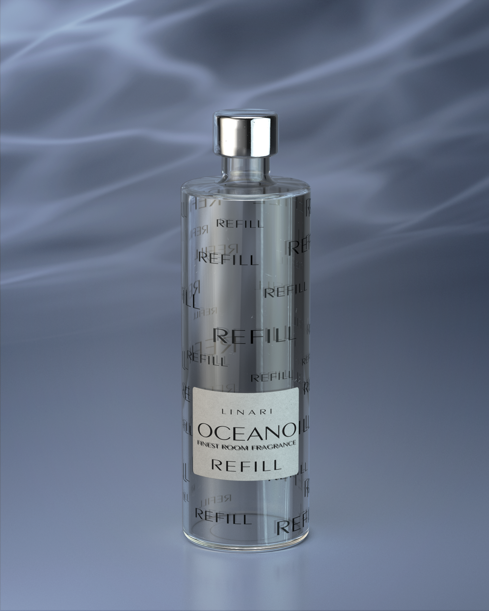 LINARI OCEANO Raumduft-Diffusor-Refill, 500 ml, in transparenter Glasflasche mit silberfarbenem Deckel