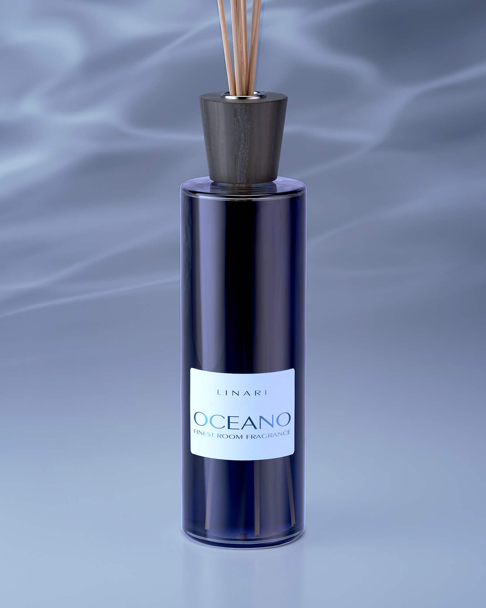 LINARI OCEANO Raumduft-Diffusor im amethystfarbenen Glasflakon mit Eschenholzdeckel und naturfarbenen Stäbchen