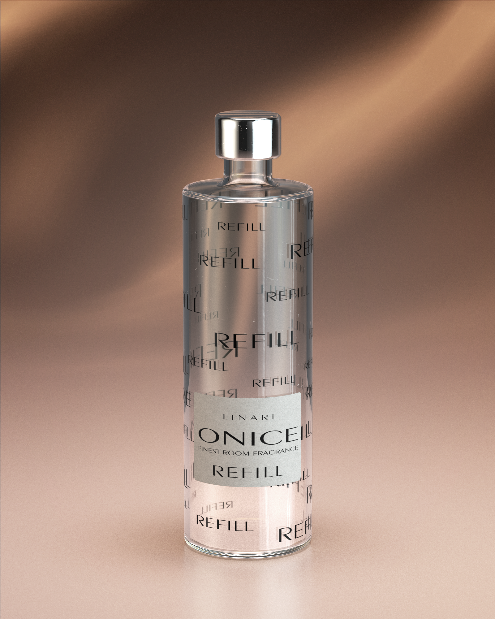 LINARI ONICE Raumduft-Diffusor-Refill in transparenter Glasflasche mit silberfarbenem Verschluss und REFill-Logos