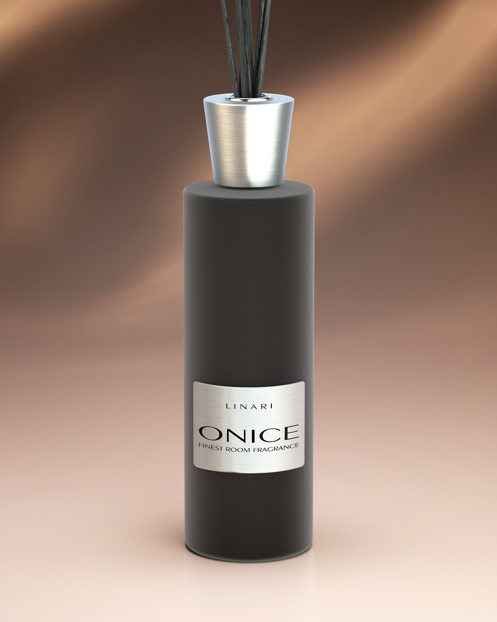 LINARI ONICE Raumduft-Diffusor im schwarzen Samtflakon aus italienischem Glas, mit Aluminiumdeckel und schwarzen Stäbchen.