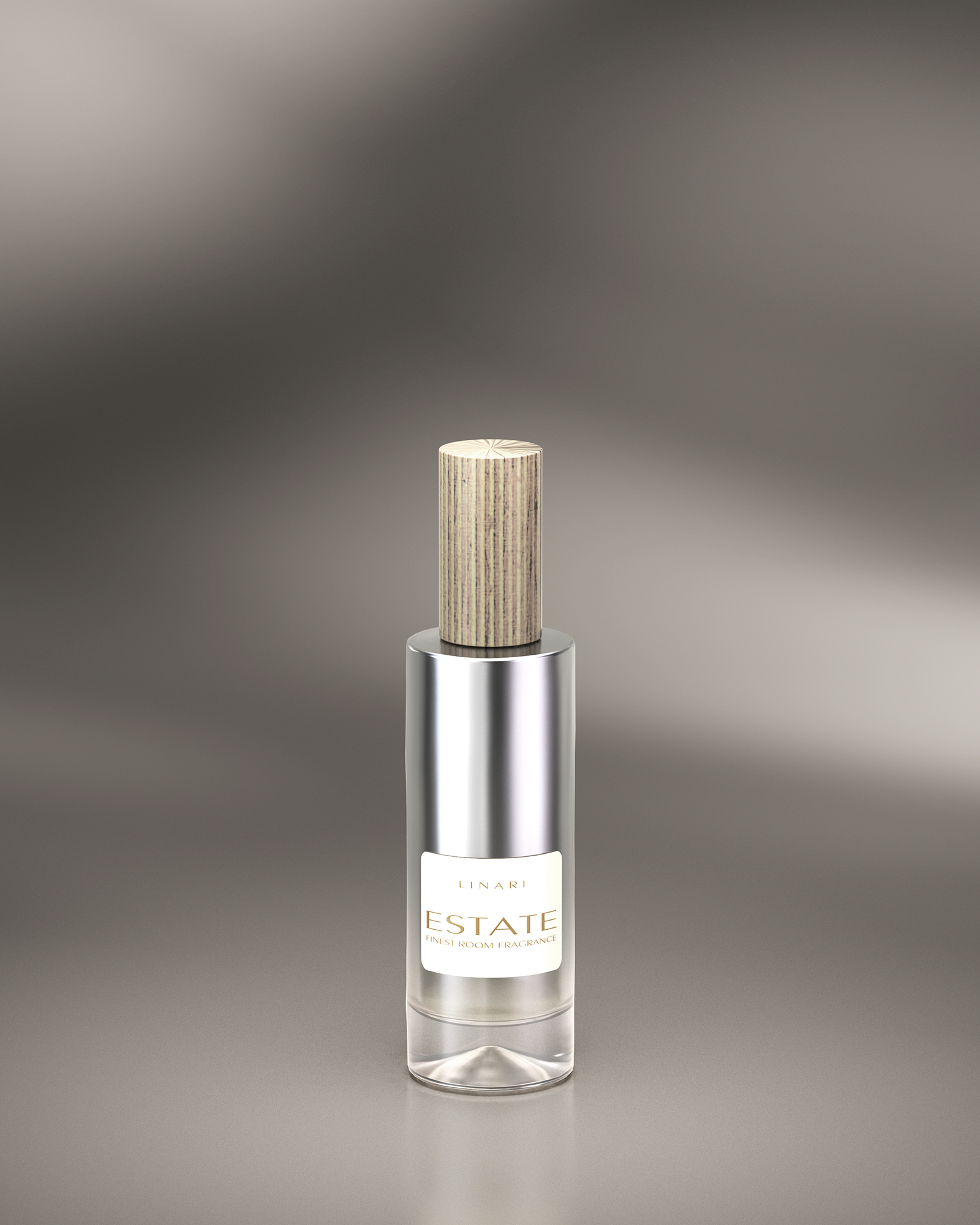 LINARI ESTATE room spray in a silver-shimmering glass bottle with laminate label and birchwood lid
