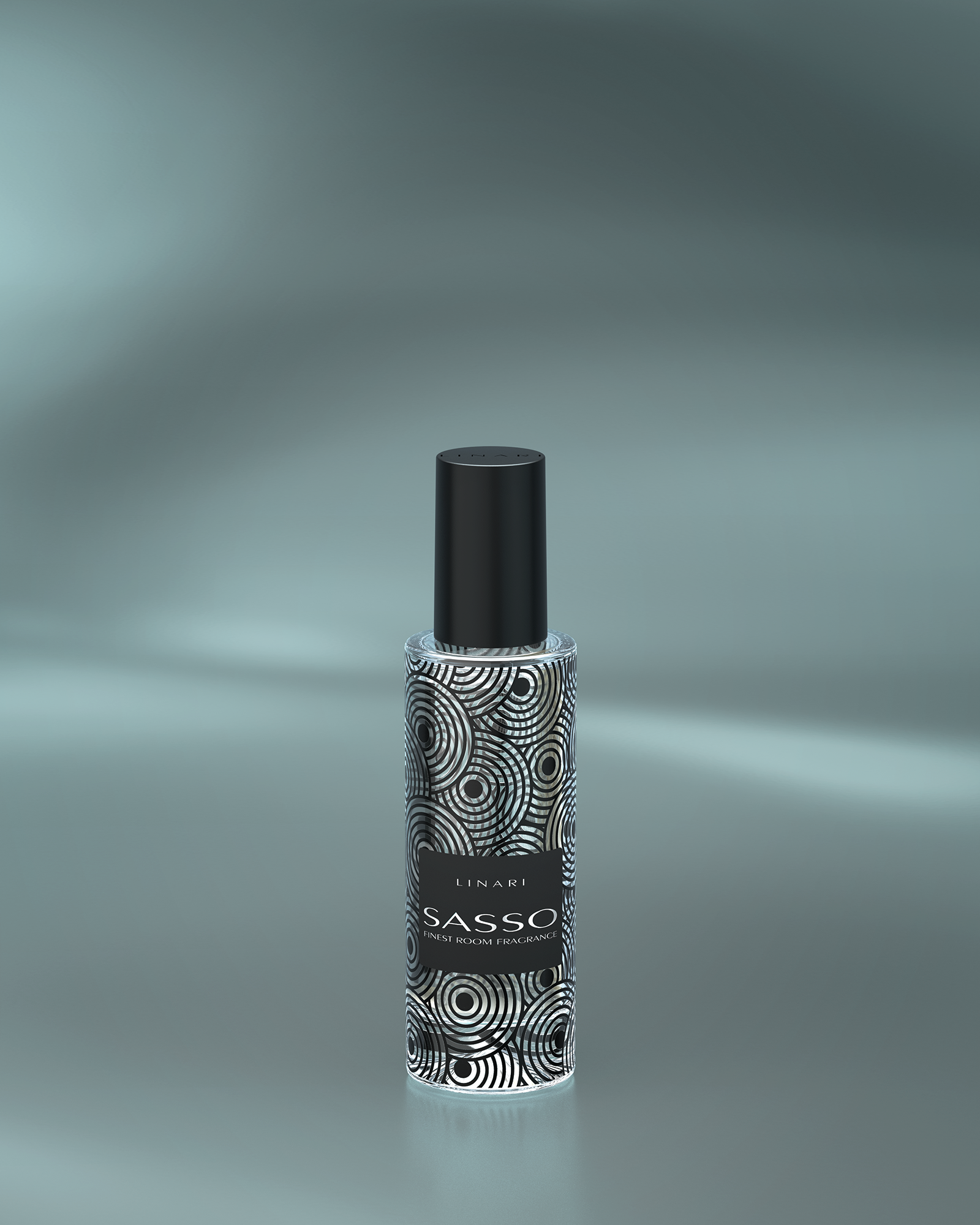 LINARI SASSO Raumspray im transparenten Glasflakon mit schwarzem Bakelitdeckel und fein strukturiertem Dekor.