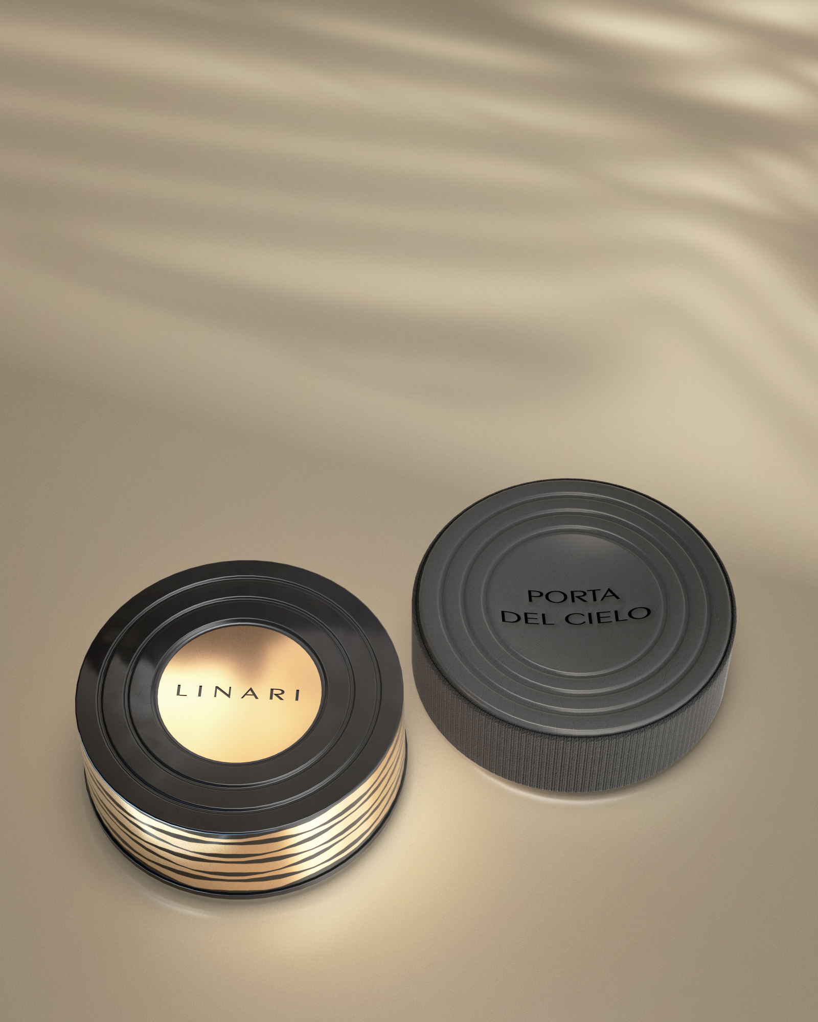 LINARI PORTA DEL CIELO Luxus-Seifenstück in tiefschwarzer Seifendose mit goldenem Wellenmuster
