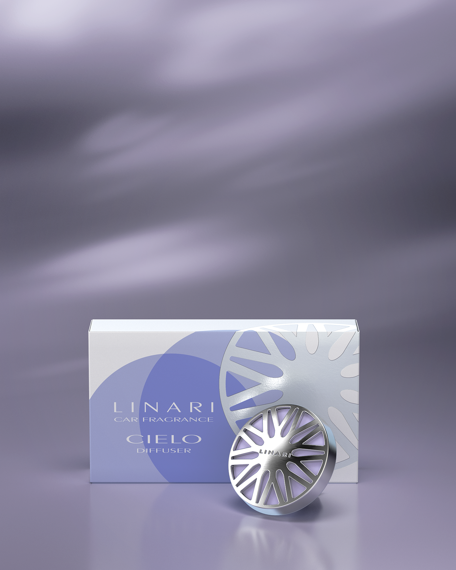 LINARI CIELO car fragrance diffuser made of silver-gloss metal with a sky-blue fragrance pad