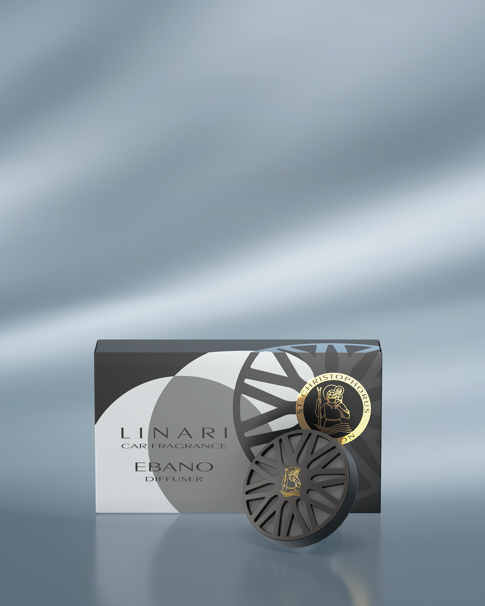 LINARI EBANO Car-Diffusor der CHRISTOPHORUS EDITION mit mattschwarzem Metallcover und tiefschwarzem Duftpad