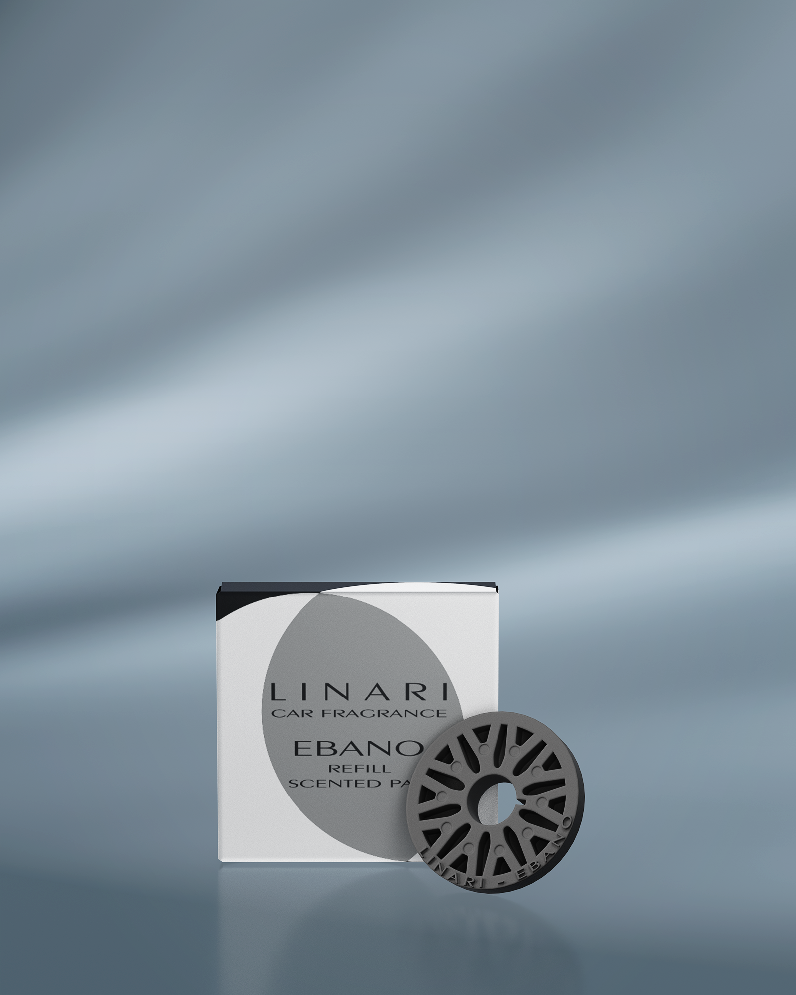 LINARI EBANO Autoduft-Refill mit tiefschwarzem Duftpad – sinnlich, klar und elegant im runden Duftspender.
