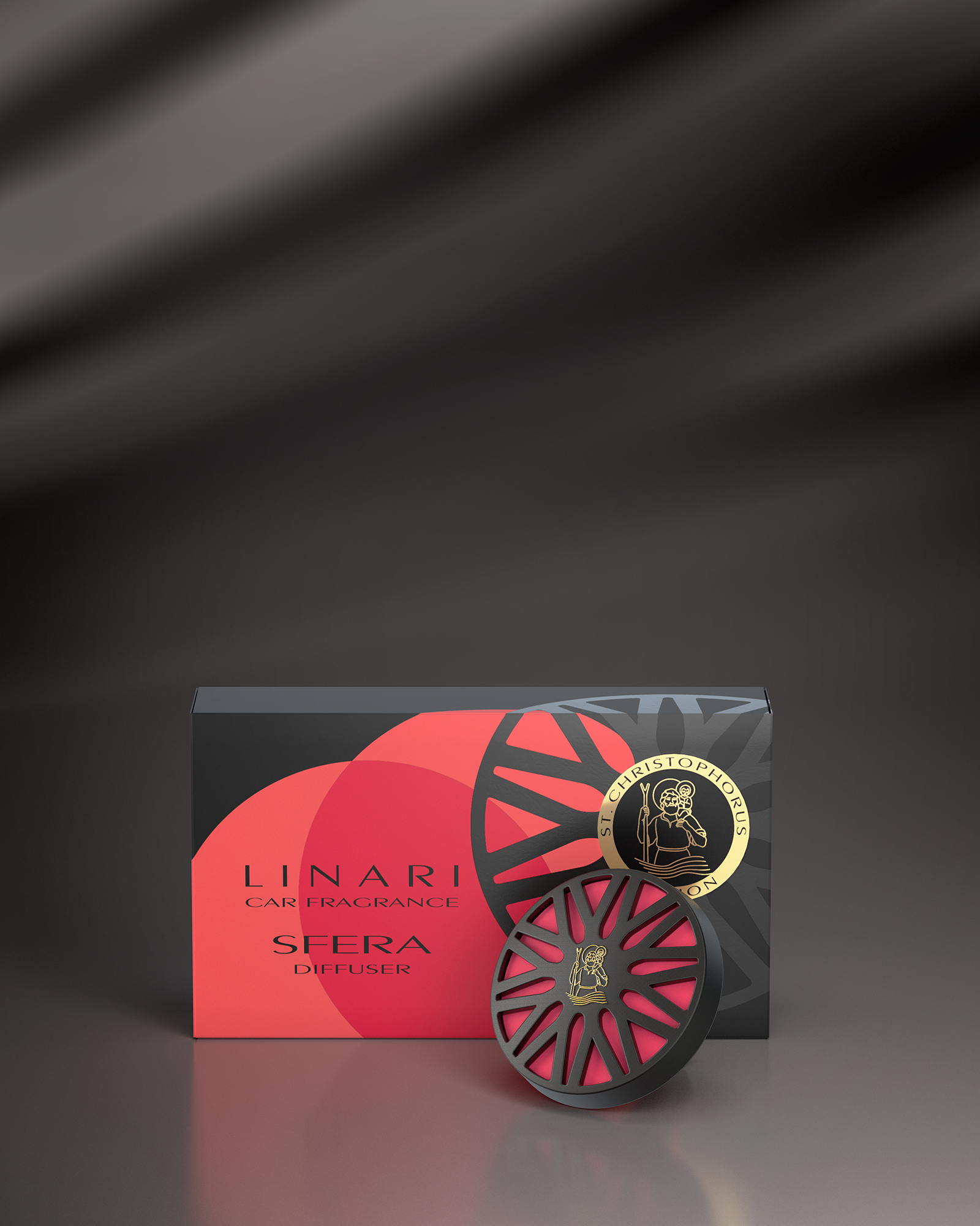 LINARI SFERA Car-Diffusor aus mattschwarzem Metall mit rubinrotem Duftpad, CHRISTOPHERUS EDITION