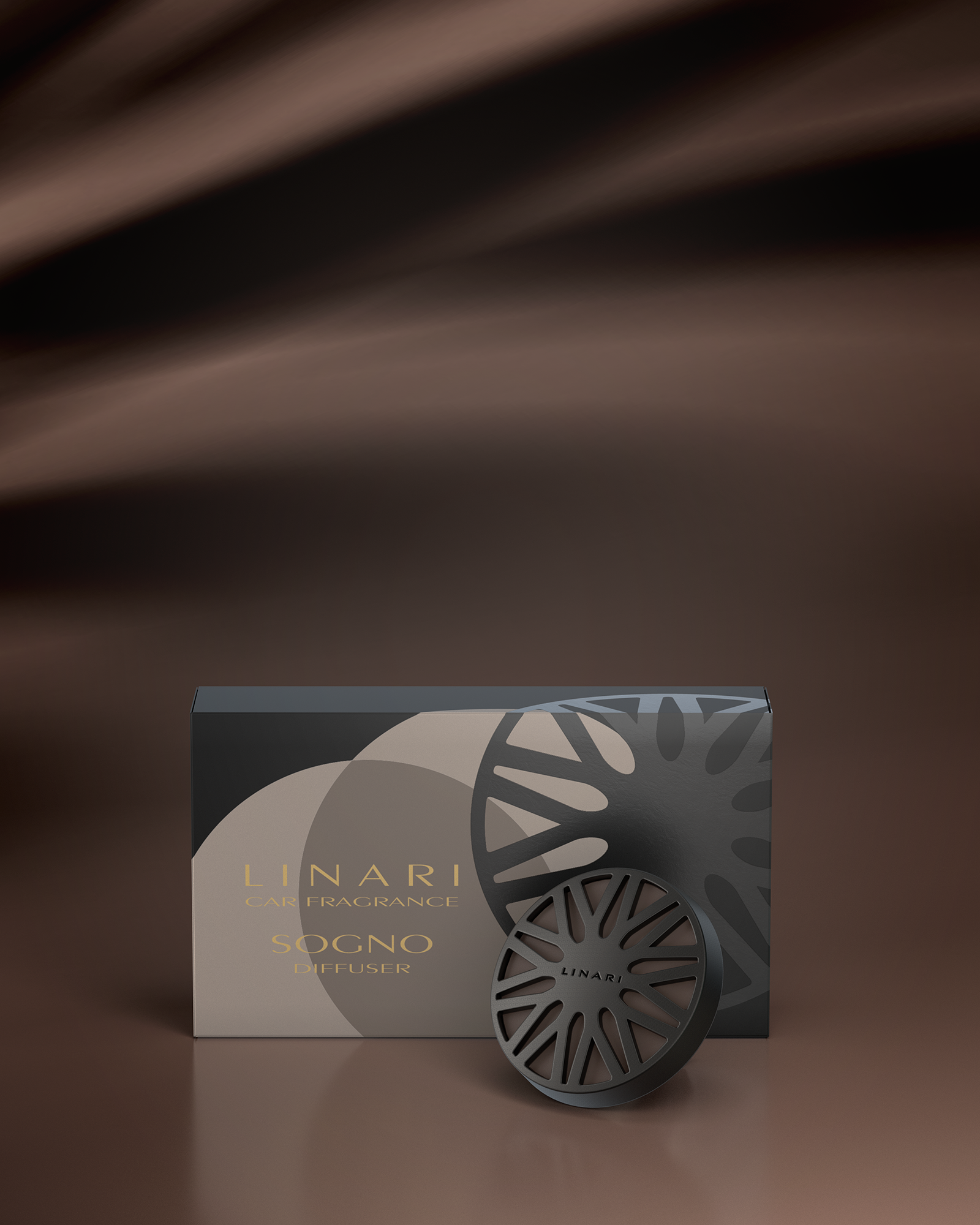 LINARI SOGNO Car-Diffusor mit mattschwarzem Metallcover und sternförmigem Design – dunkle Eleganz für unterwegs