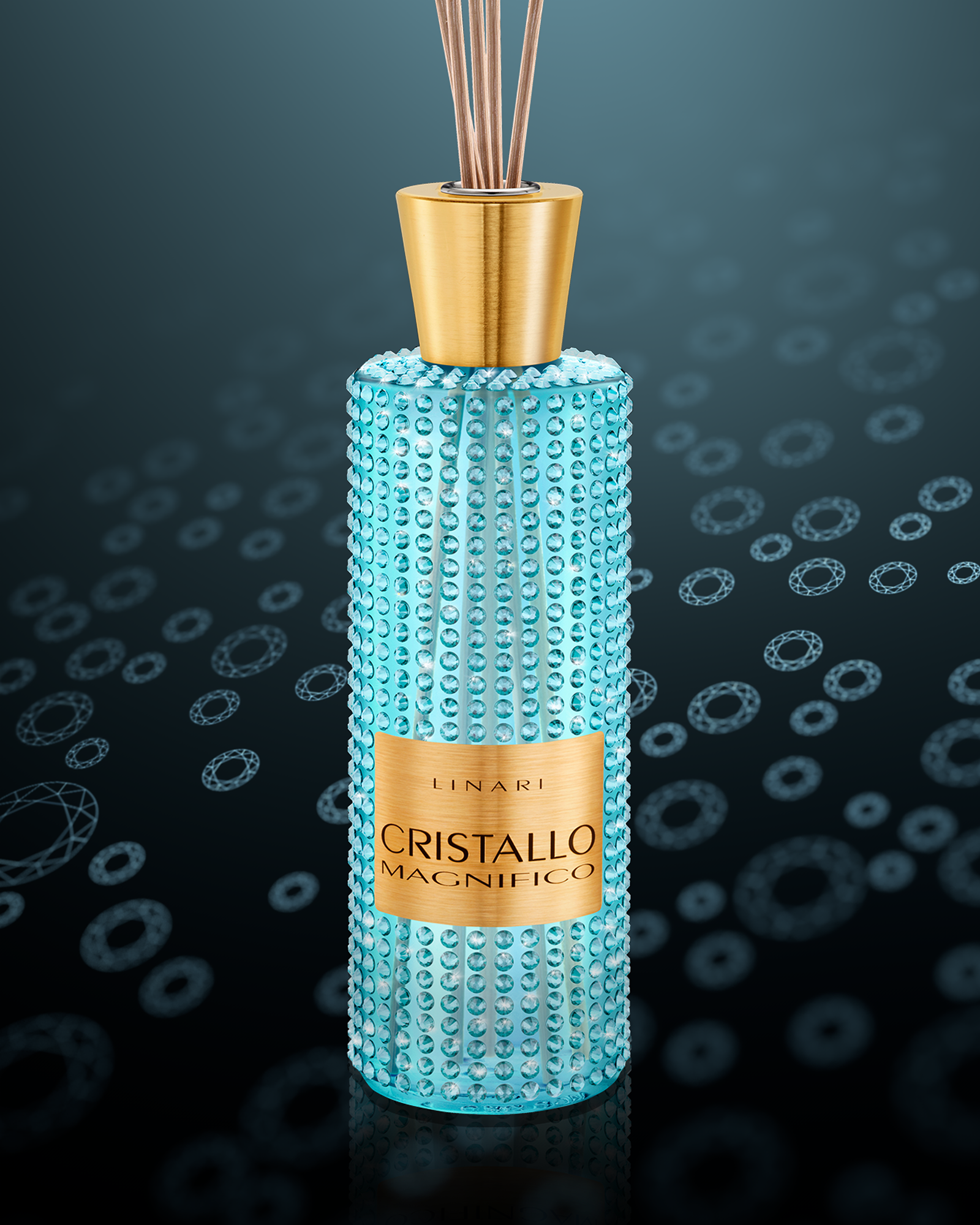 LINARI room fragrance diffuser made of aquamarine-colored glass with crystals and brushed gold-colored metal lid