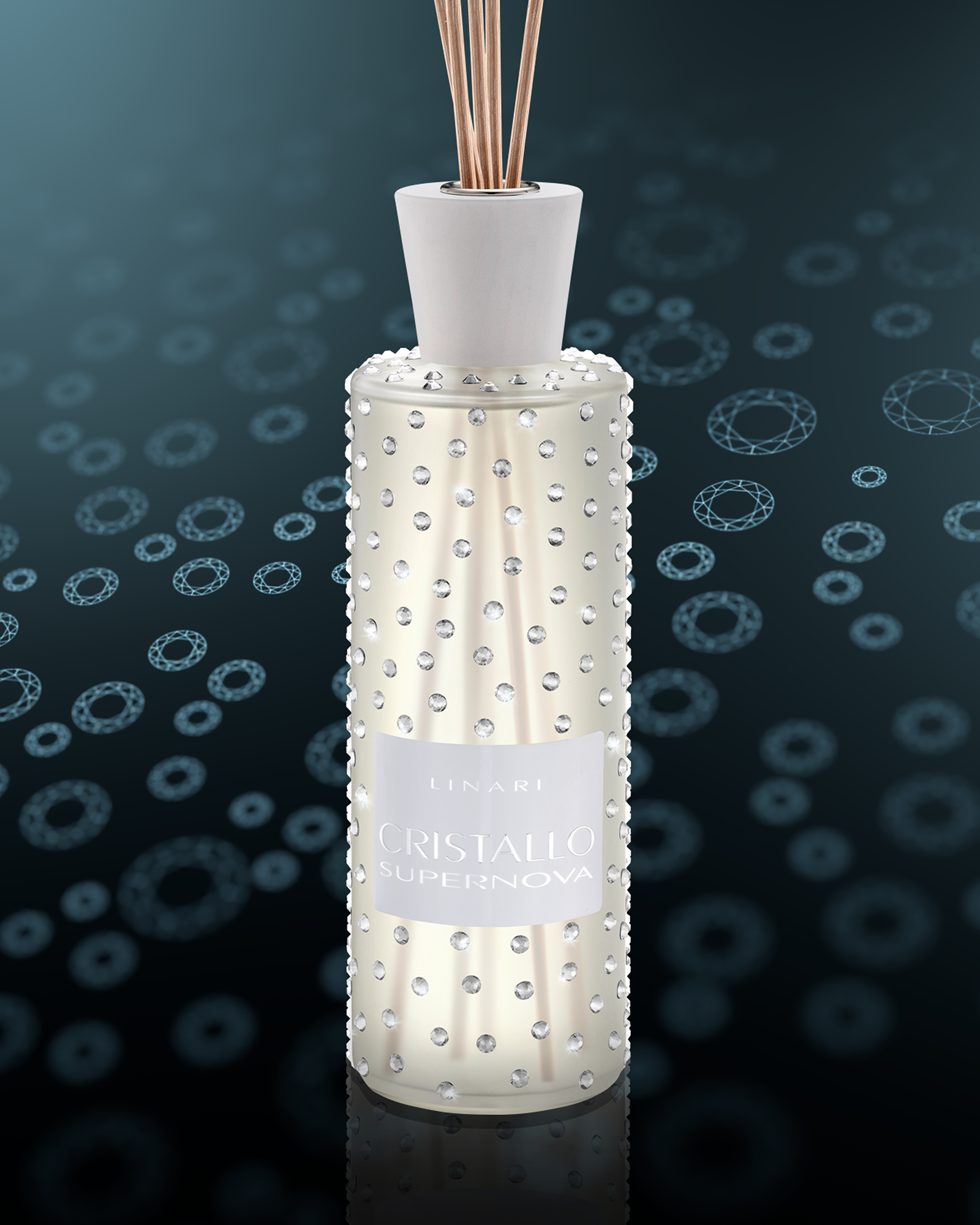 LINARI CRISTALLO-SUPERNOVA room fragrance diffuser made of satin-finished glass with sparkling crystals and urea lid