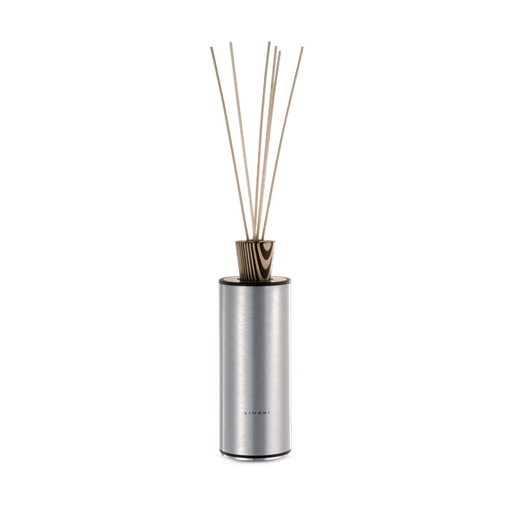 Eleganter LINARI Raumduft-Diffusor mit handgefertigtem Aluminium-Cover und gedrehtem Holzdeckel