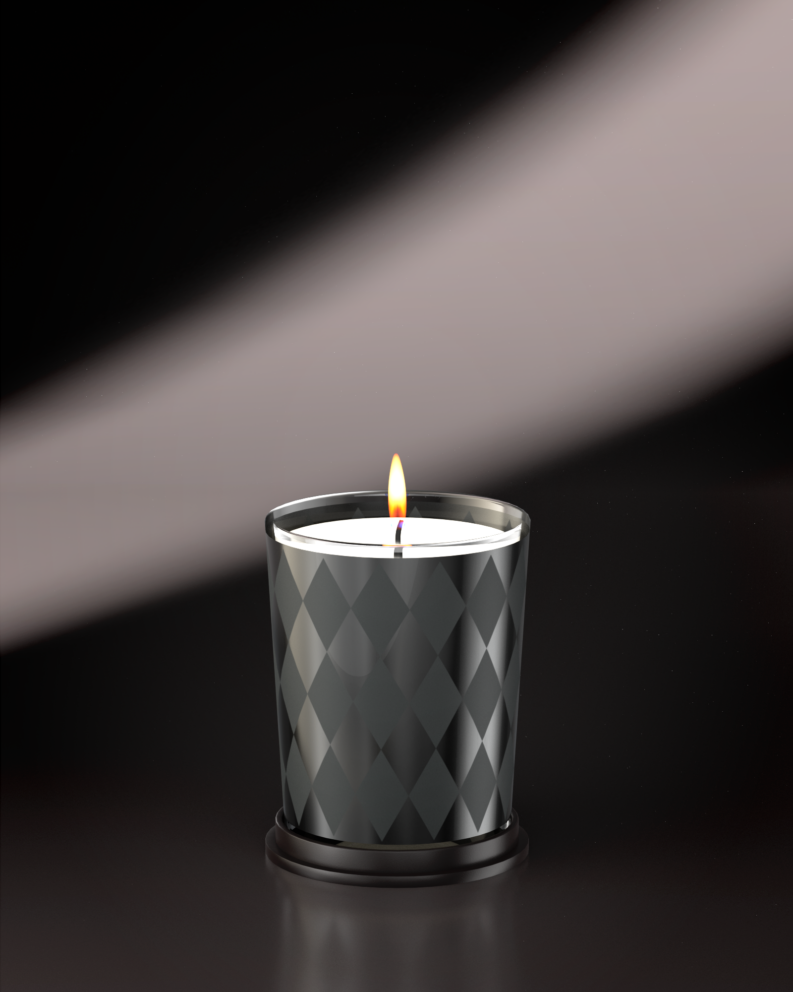 LINARI AGATA scented candle made of natural-colored wax in deep-black French glass with diamond-pattern decoration, gently burning