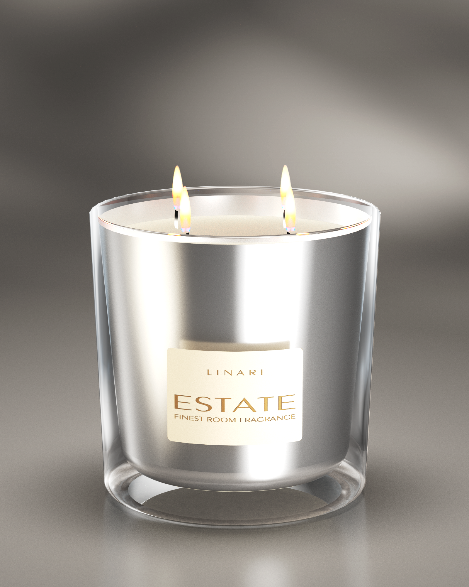 LINARI ESTATE VISIONE scented candle in mirrored glass, with natural-colored wax and four glowing cotton wicks.