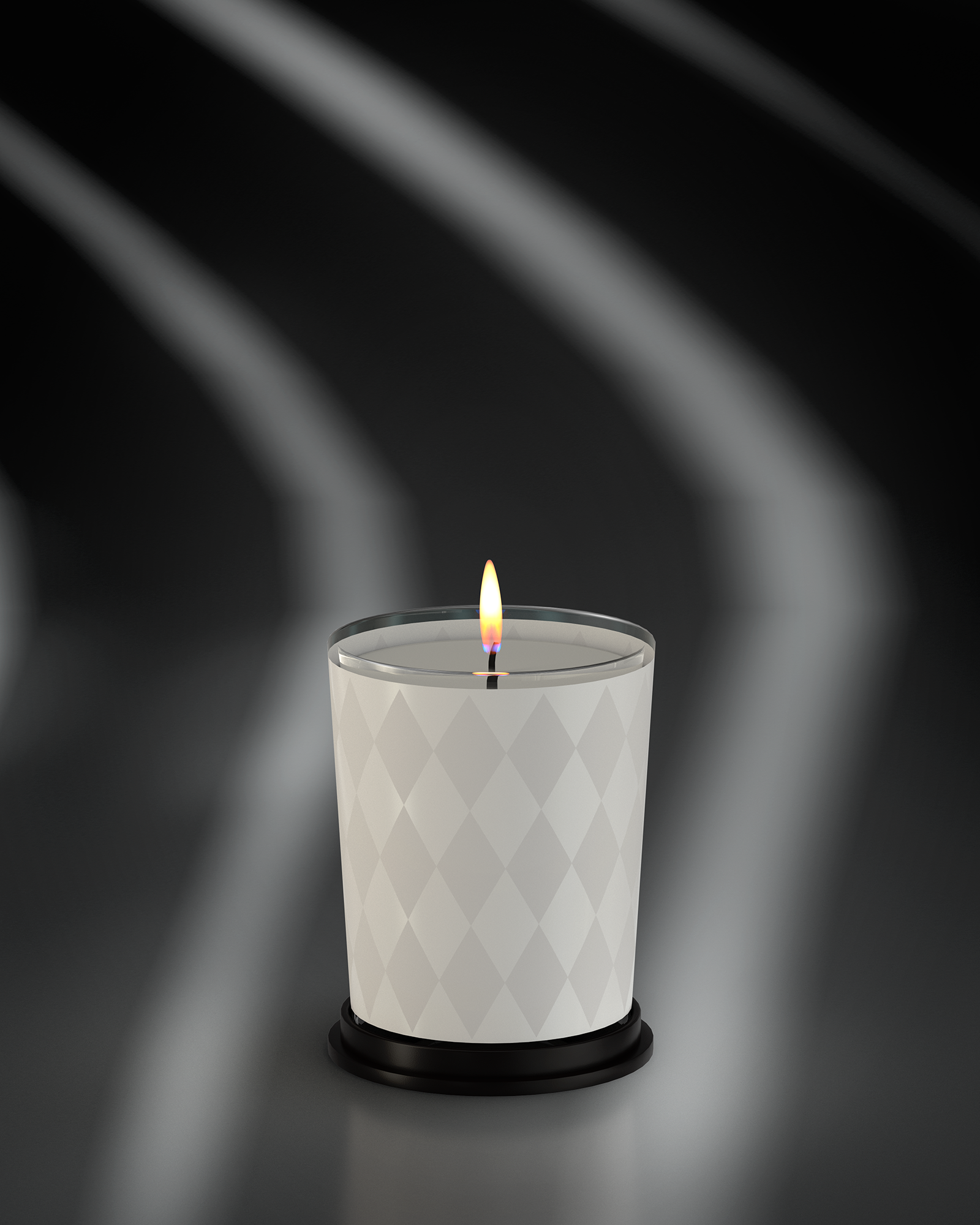 LINARI FIORE Duftkerze aus naturfarbenem Wachs im weißmatten Glas mit Rautendekor, warm leuchtende Flamme