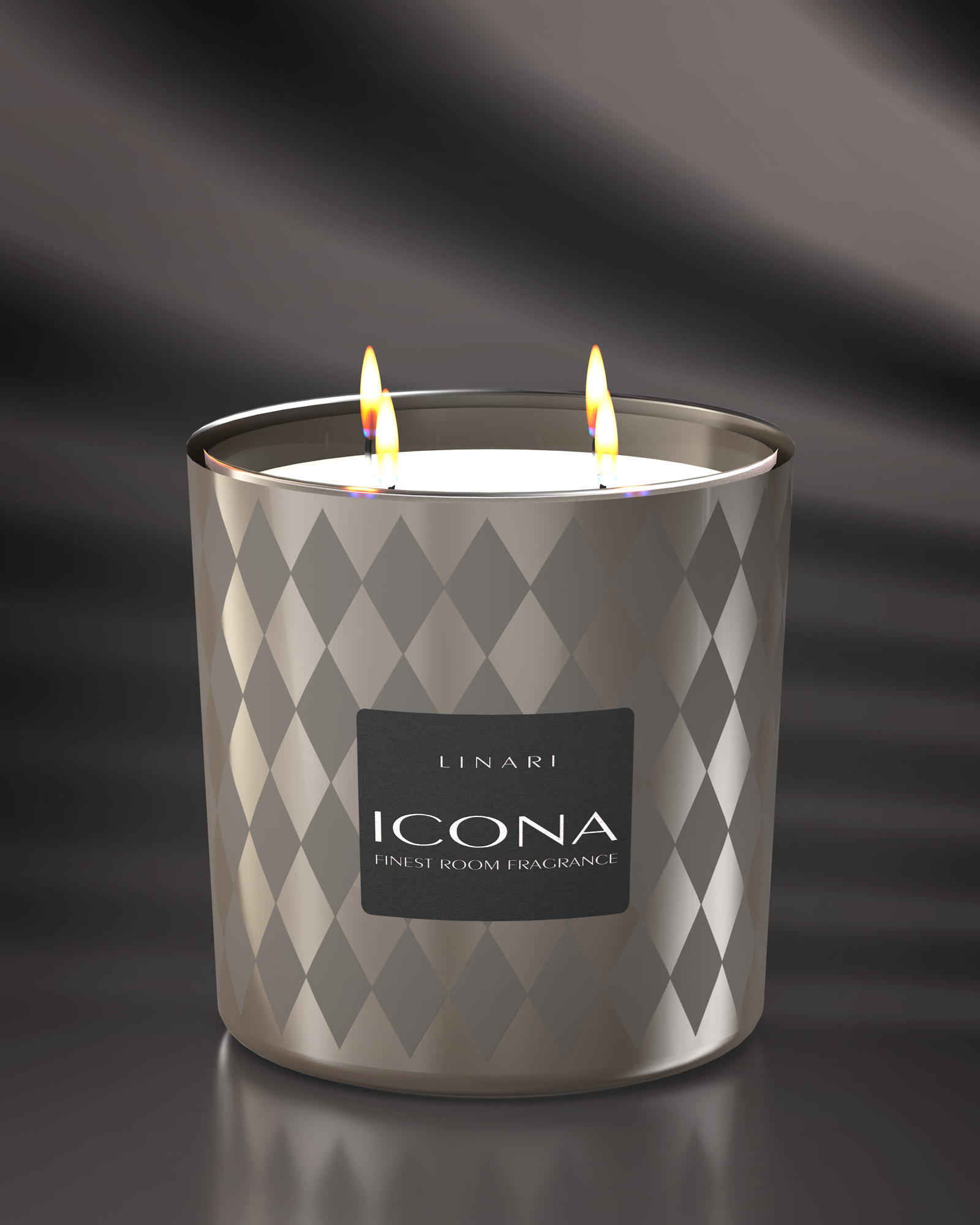 LINARI ICONA 1000 g Duftkerze im hochglänzend edelstahlfarbenen Flakon, mit Rautendekor und vier warm leuchtenden Flammen