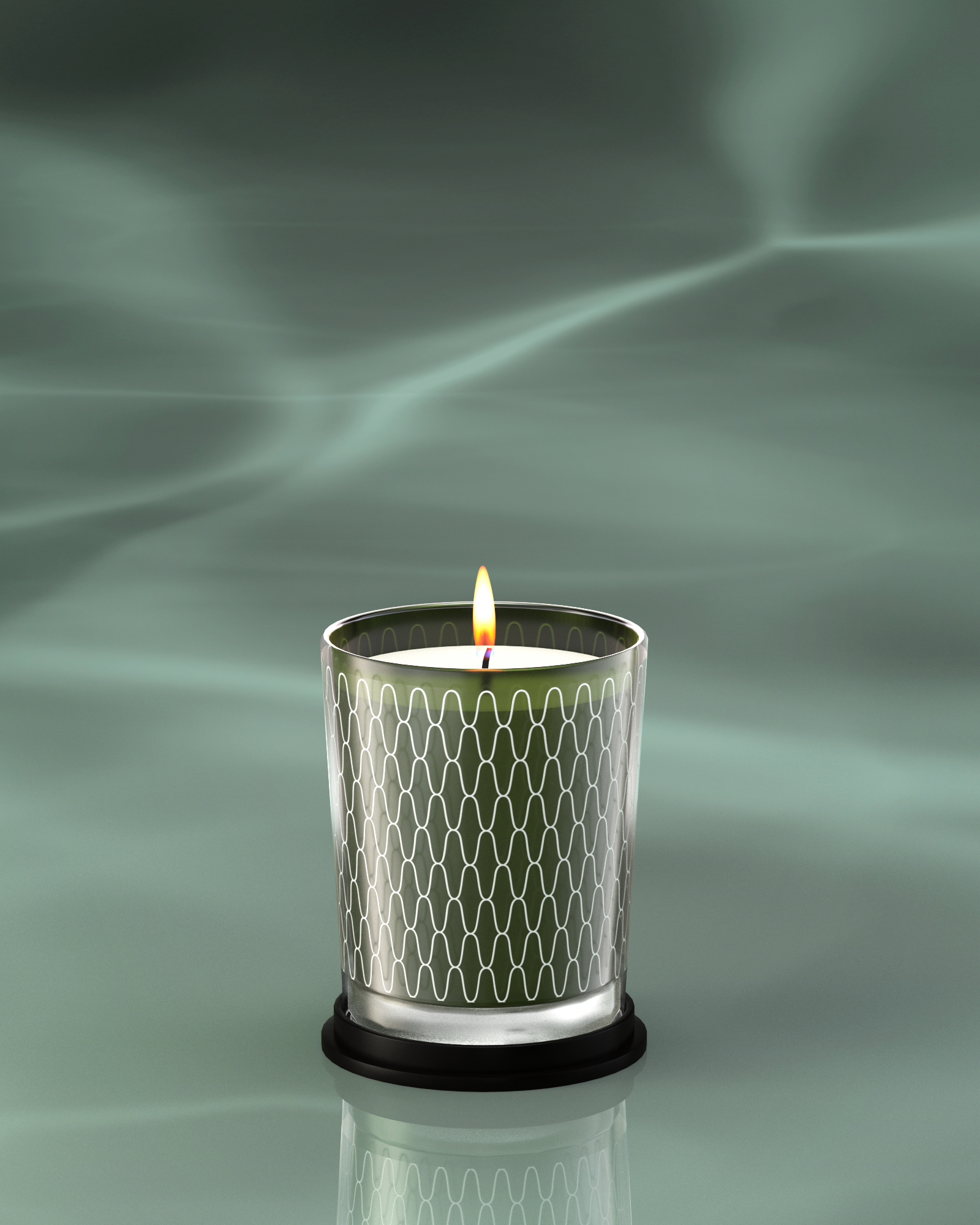 LINARI KYARA scented candle made of natural-colored wax in antique-green glass, glowing with a warm flame