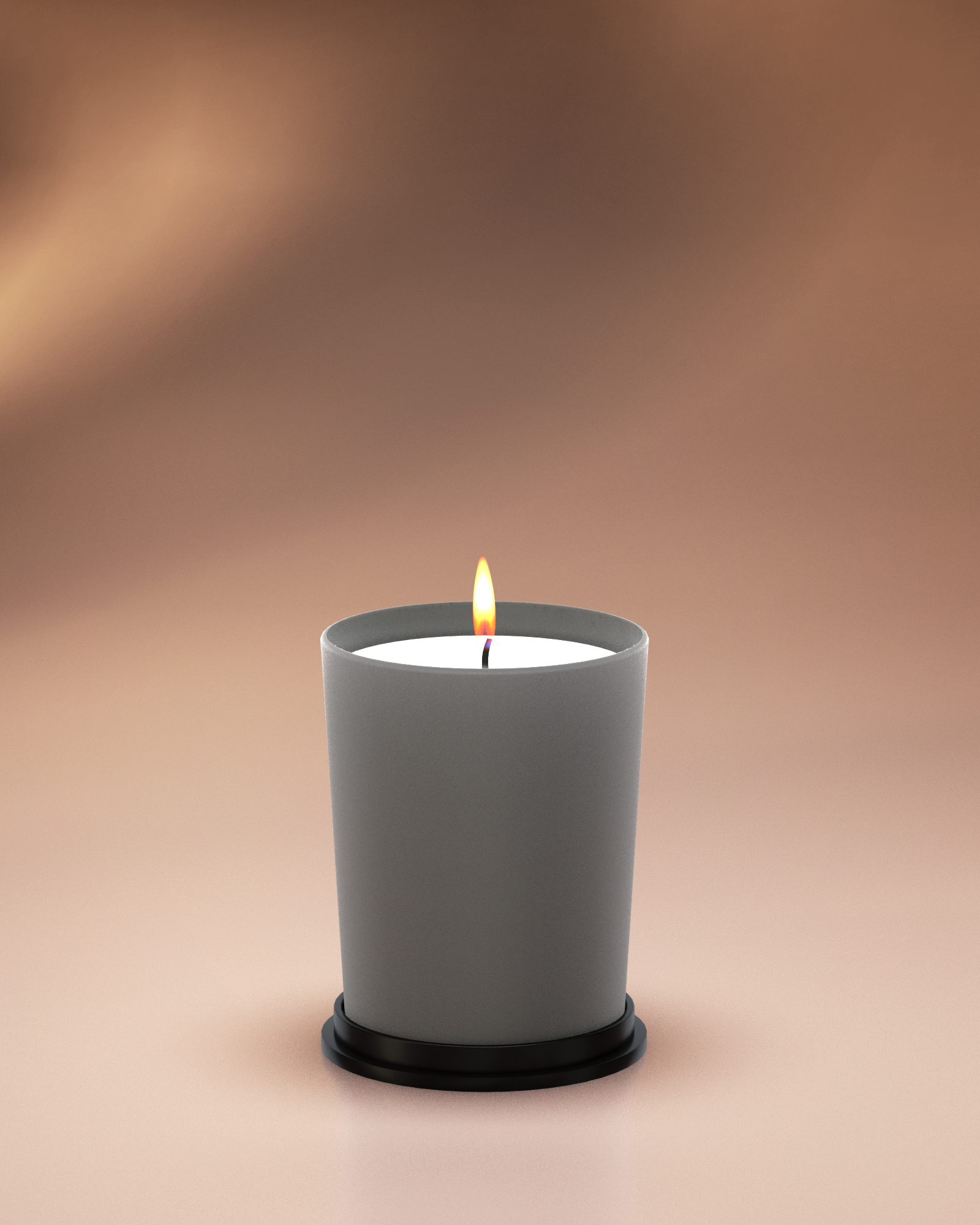 LINARI MENTA Duftkerze im melangegrauen Samtglas mit schwarzem Bakelit-Deckel, von warmer Flamme erhellt