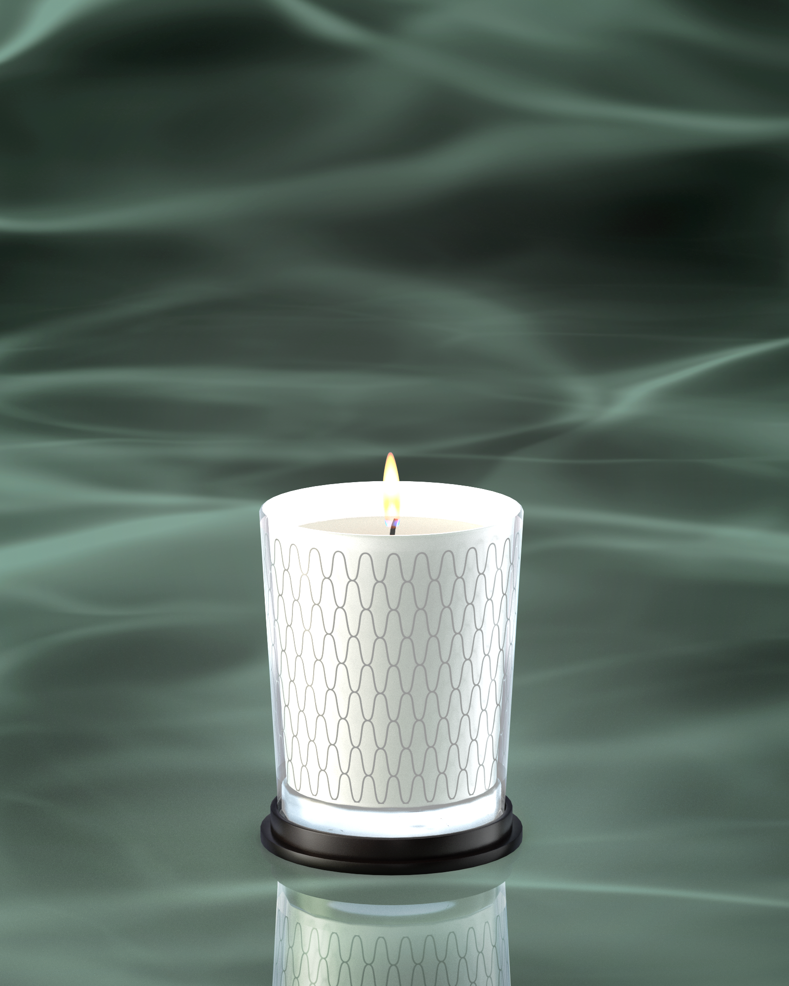 LINARI NOBILE scented candle made of natural-colored wax in matte-white French glass, glowing warmly with a fine wave pattern.