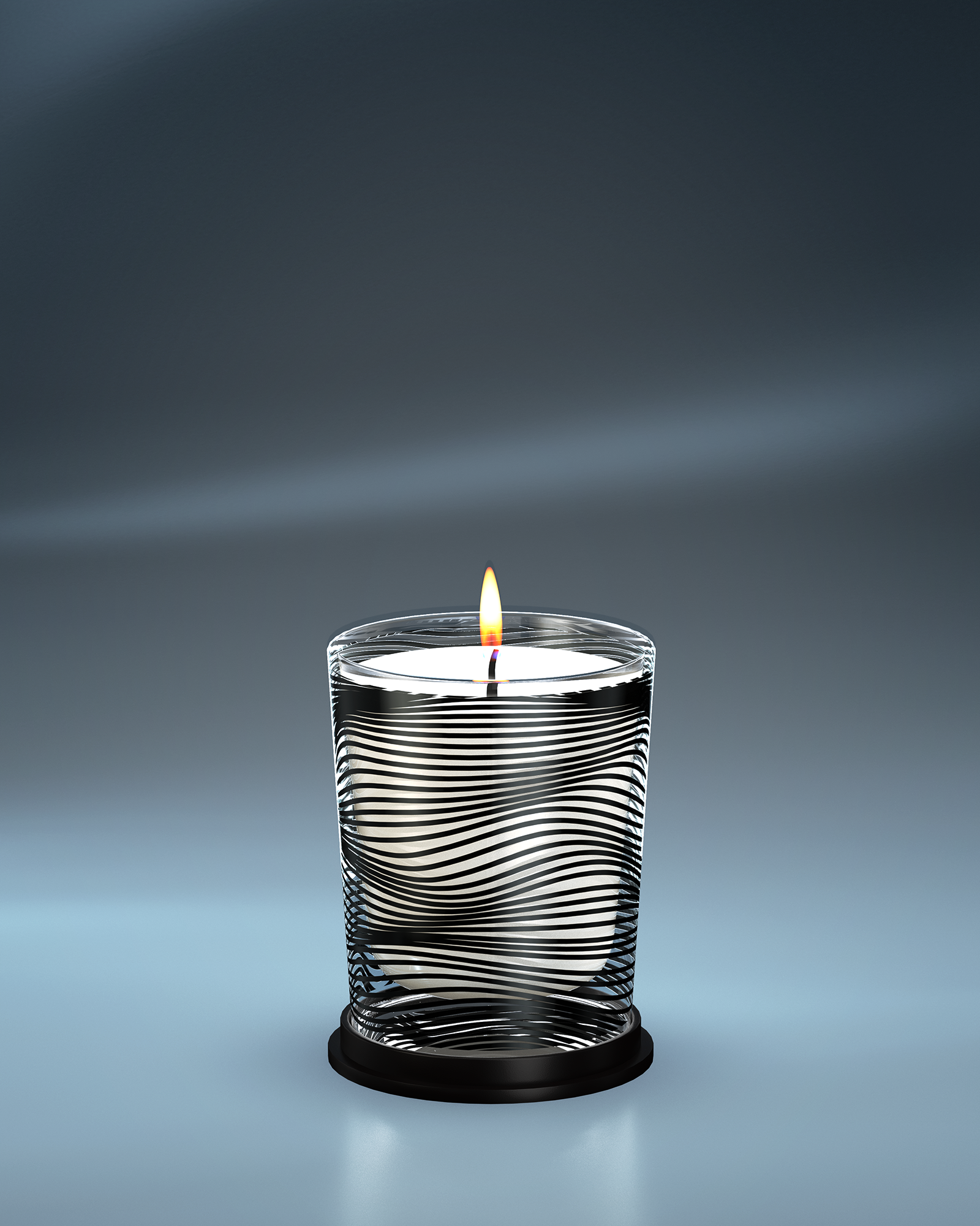 LINARI ONDA Duftkerze aus transparentem Glas mit schwarzem Wellendekor und naturfarbenem Wachs, sanft brennend