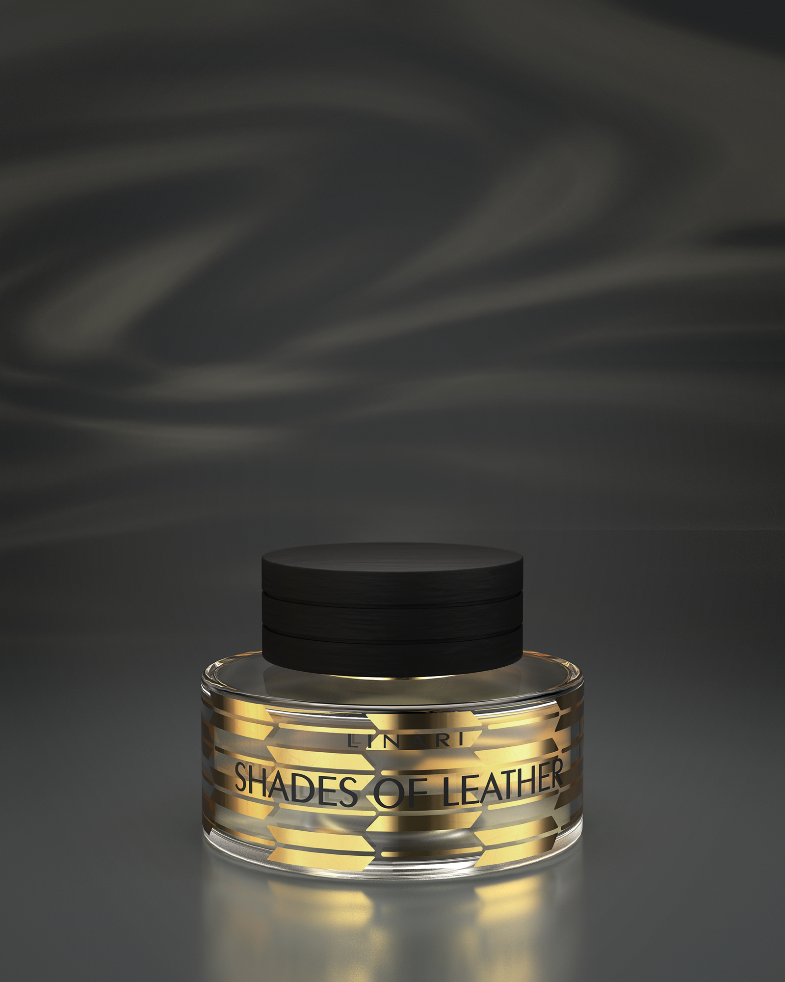 LINARI SHADES OF LEATHER Eau de Parfum in a clear Italian heavy-glass bottle with 22-carat gold decoration and black closure