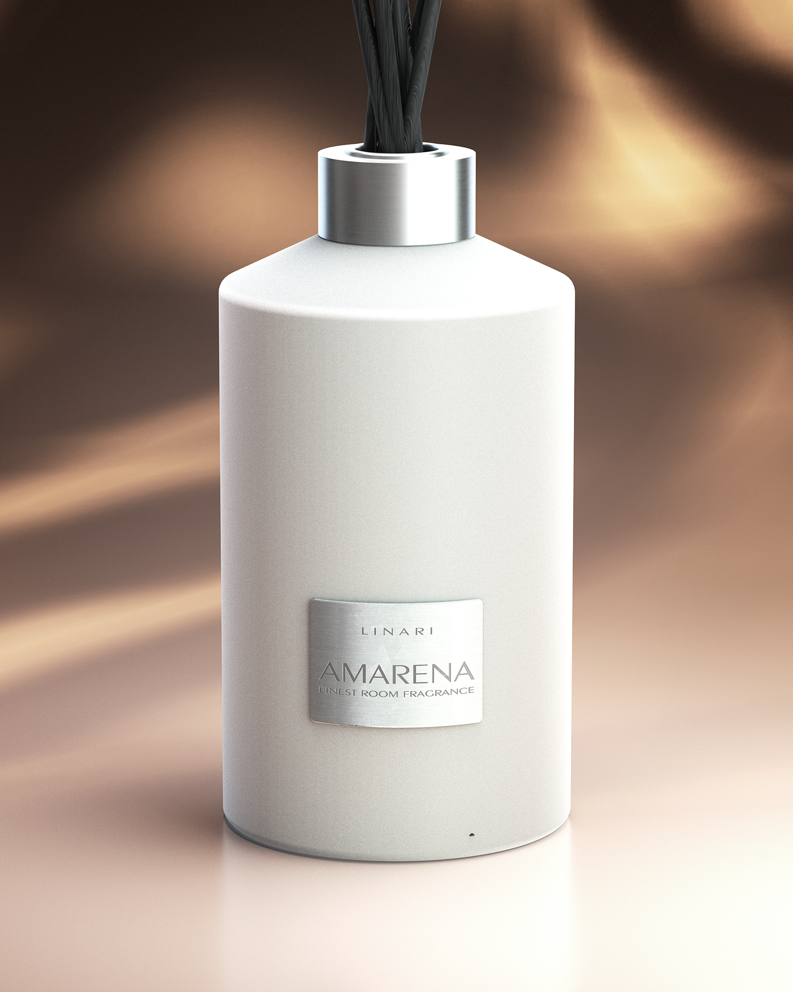 LINARI AMARENA large diffuser in white with a velvet-and-aluminum bottle, anthracite capillary reeds and sensuous elegance