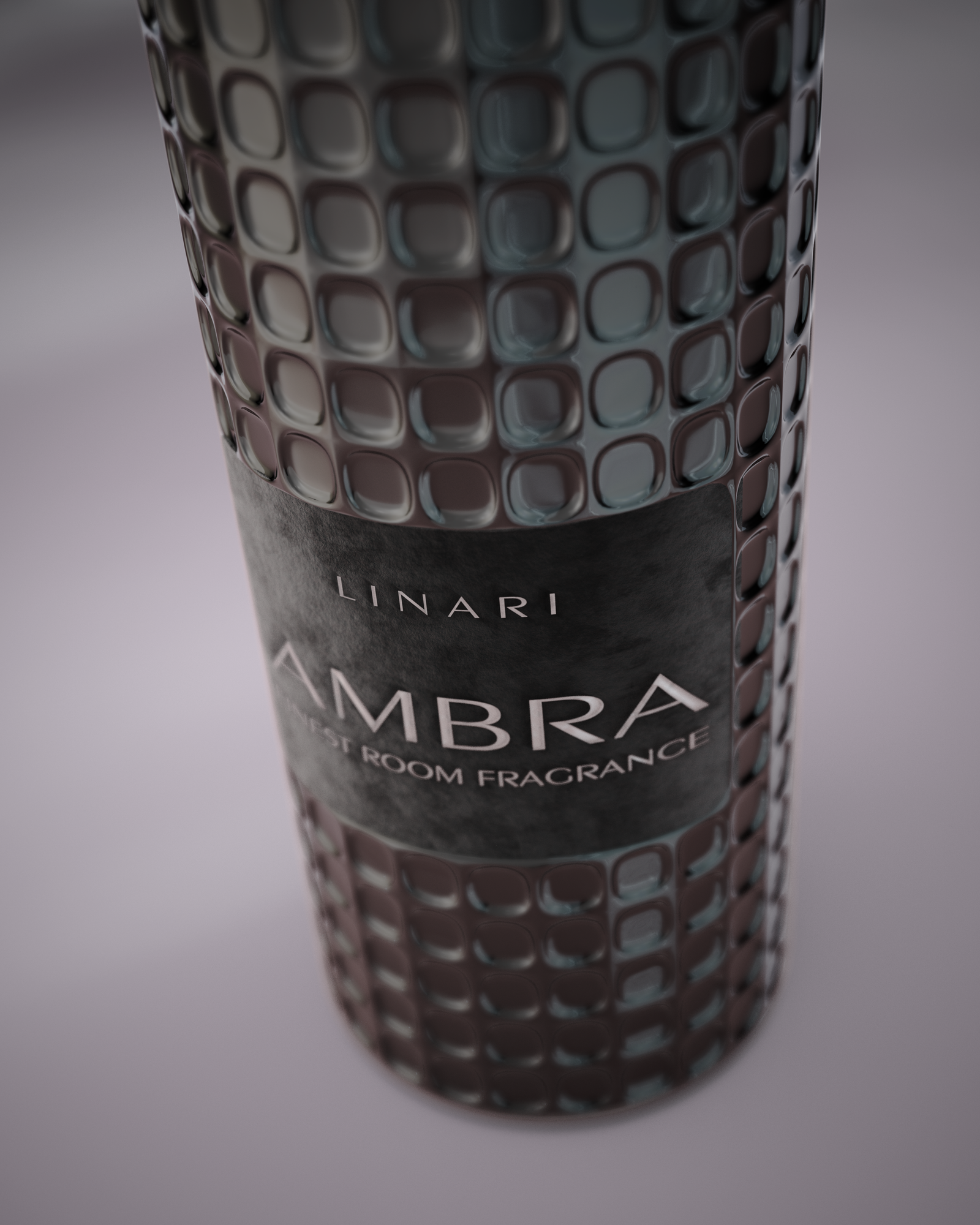 LINARI AMBRA room fragrance diffuser in a textured glass bottle with black velvet label and Bakelite lid