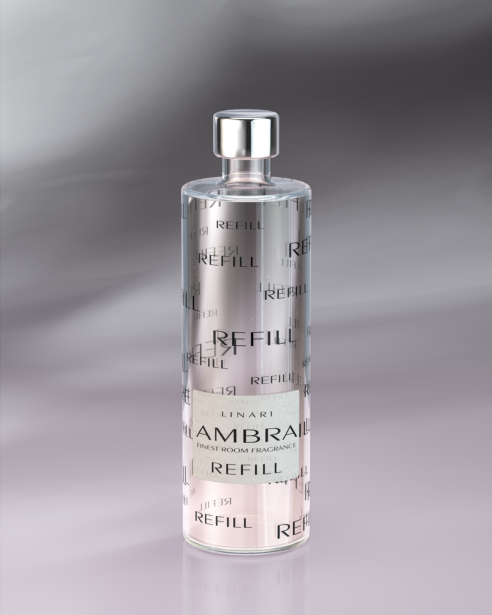 LINARI AMBRA Raumduft-Diffusor-Refill in transparenter Glasflasche mit silberfarbenem Deckel.