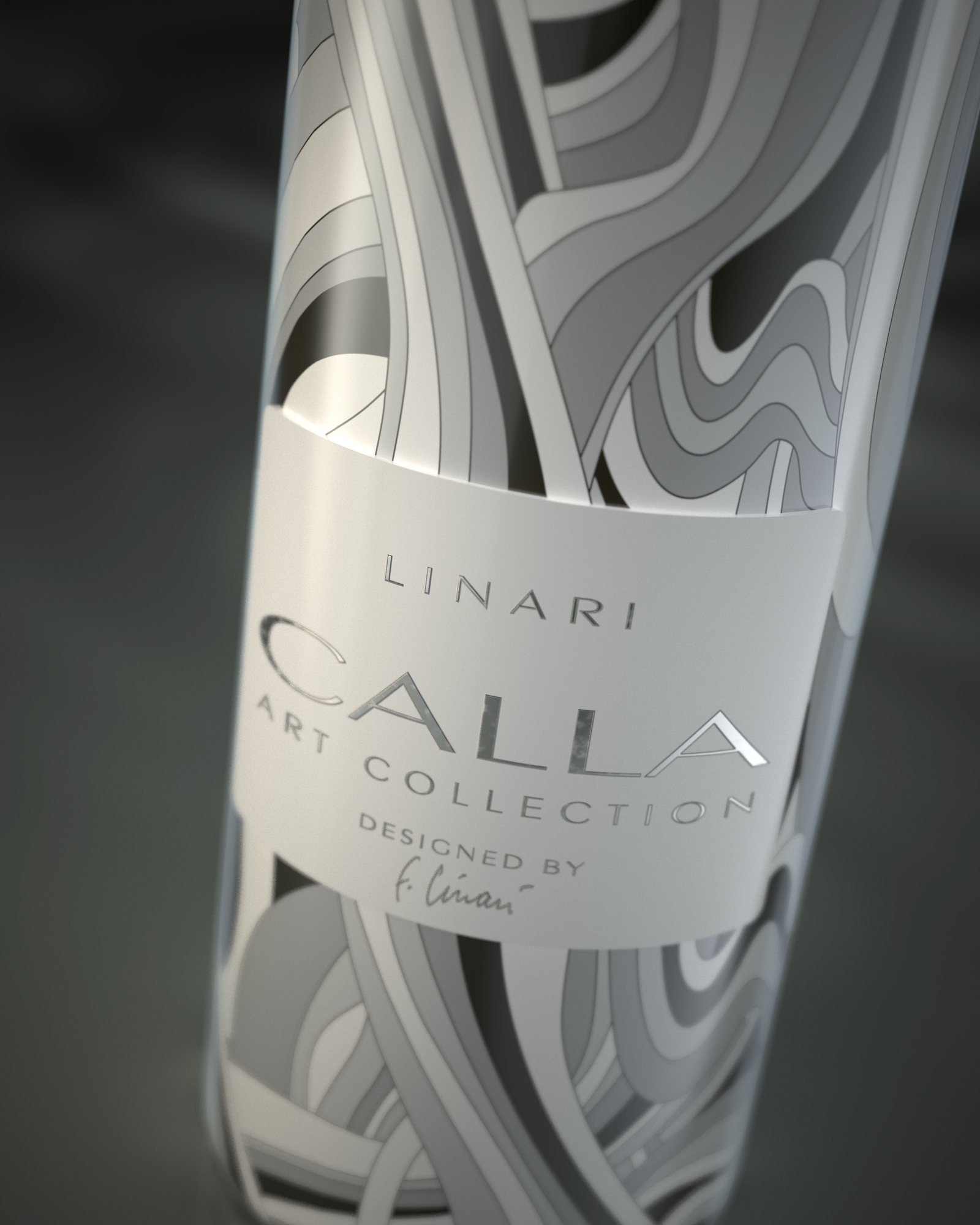 LINARI CALLA ART room fragrance diffuser with an organically patterned, hand-decorated bottle in elegant white and gray tones
