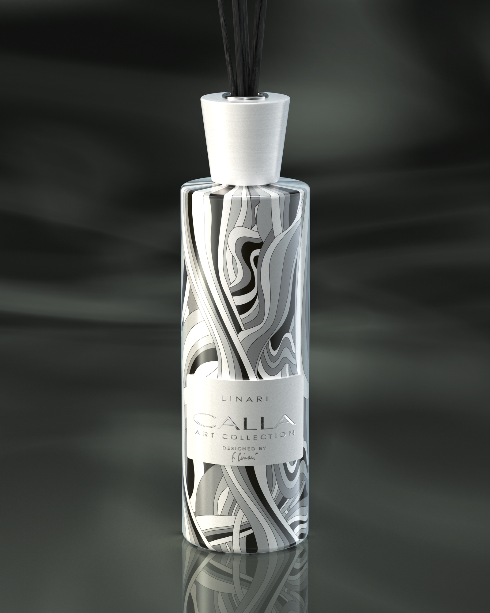 LINARI CALLA ART room fragrance diffuser in a transparent glass bottle with white-lacquered wooden lid and black capillary reeds.