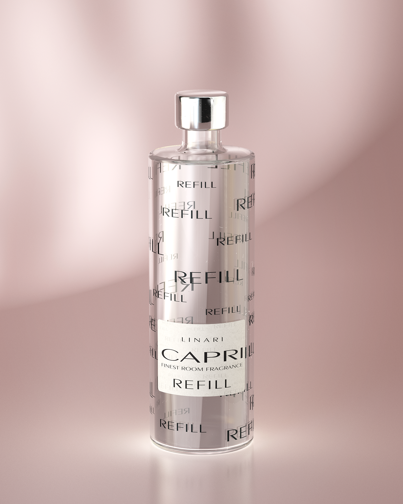 LINARI CAPRI Raumduft-Diffusor-Refill in transparenter Glasflasche mit silberfarbenem Deckel, klar und elegant.