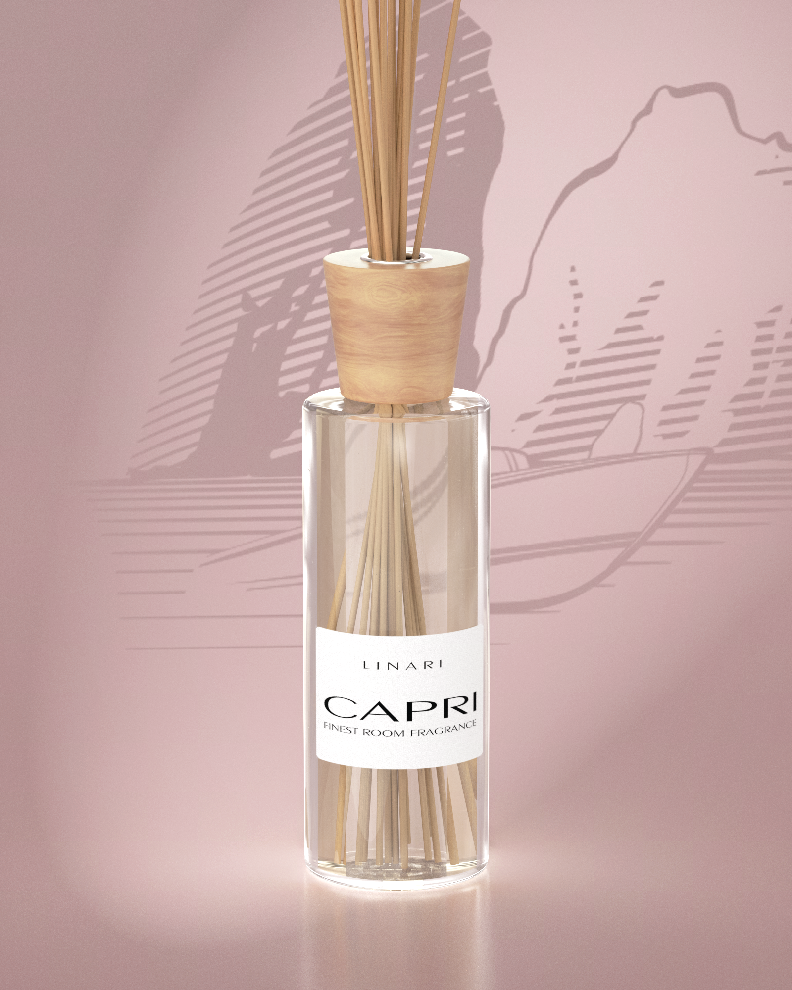 LINARI CAPRI Raumduft-Diffusor aus klarem italienischem Glas, mit Ahornholz-Deckel und naturfarbenen Kapillarstäbchen.