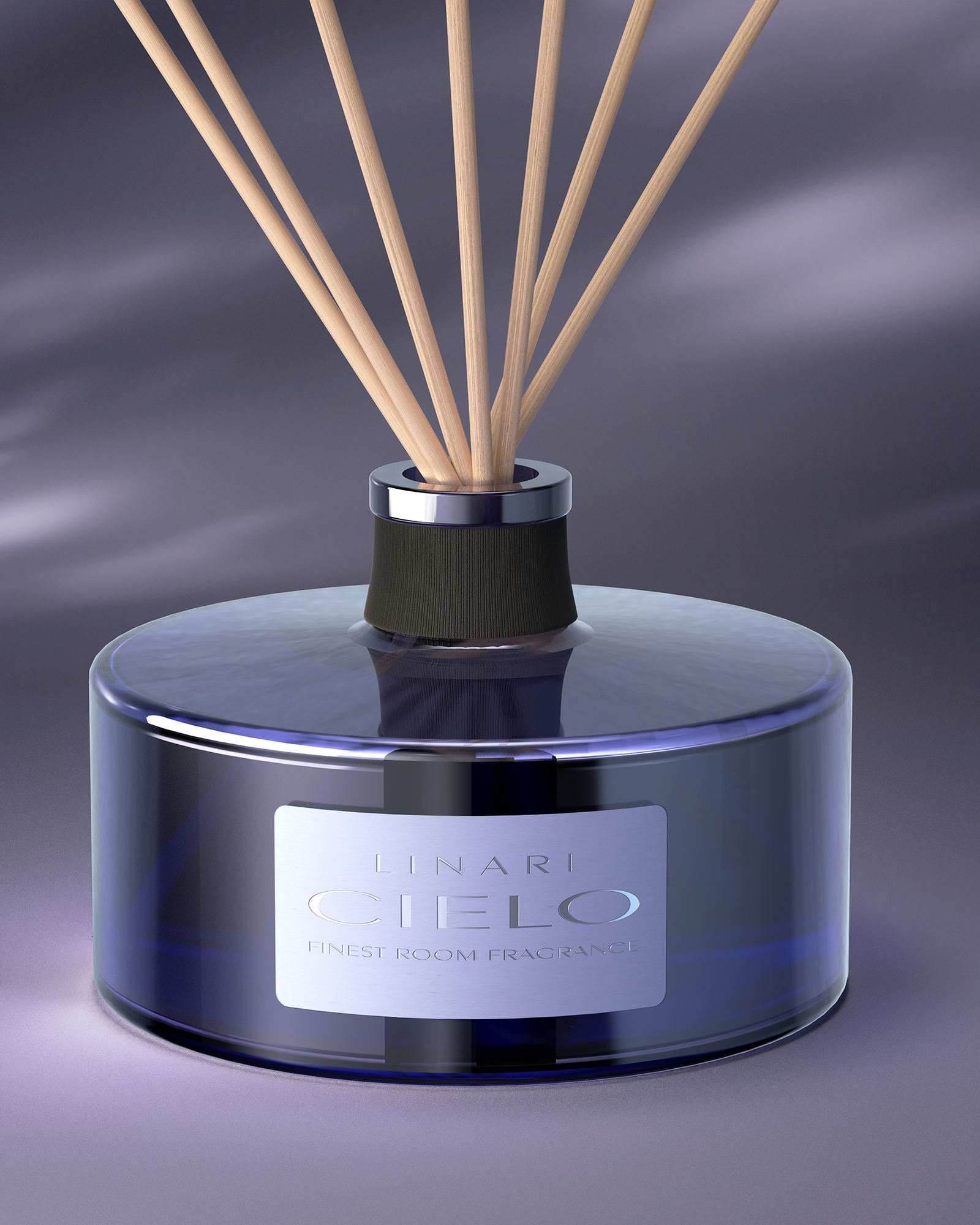 LINARI CIELO Raumduft-Diffusor aus amethystfarbenem Glas mit schwarzem Strukturband und naturfarbenen Kapillarstäben