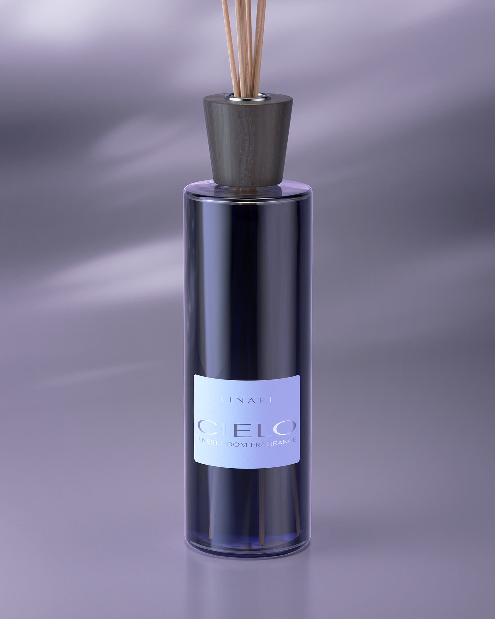 LINARI CIELO Raumduft-Diffusor aus amethystfarbenem italienischem Glas mit Eschenholzdeckel und Naturstäbchen